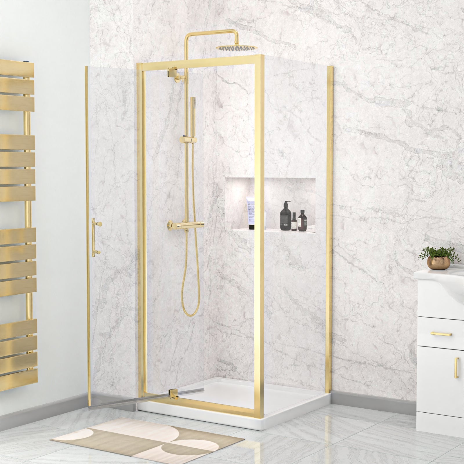Jupiter Brushed Brass 800 x 760mm Pivot Door Shower Enclosure & Side Panel