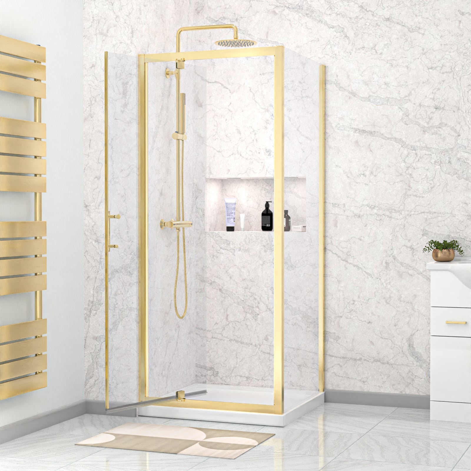 Jupiter Brushed Brass 800 x 760mm Pivot Door Shower Enclosure & Side Panel