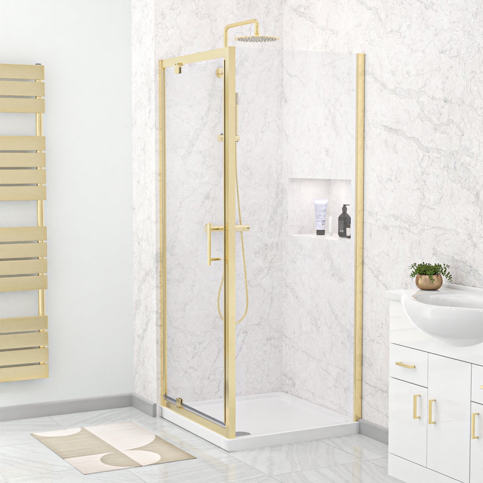Jupiter Brushed Brass 800 x 760mm Pivot Door Shower Enclosure & Side Panel