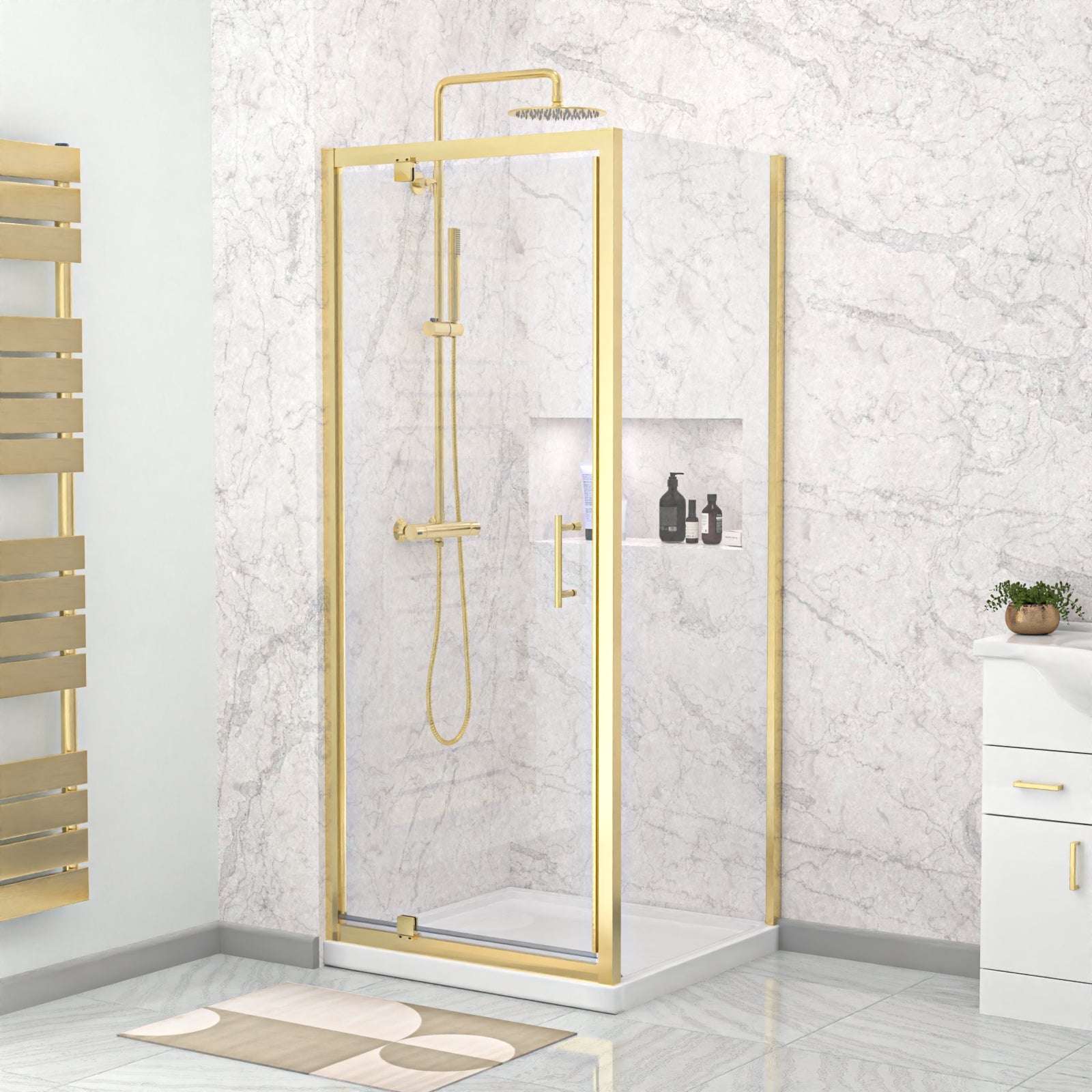 Jupiter Brushed Brass 800 x 760mm Pivot Door Shower Enclosure & Side Panel