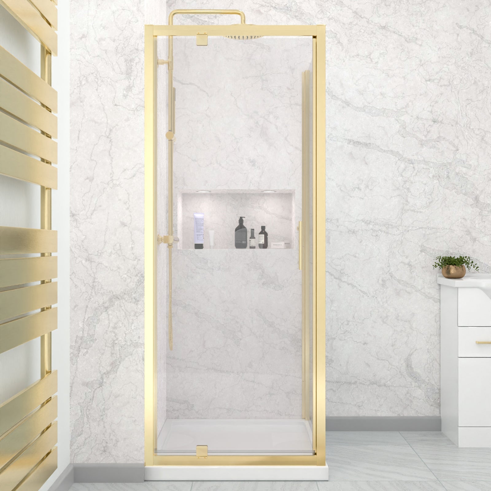 Brushed Brass 800 x 800mm Pivot Door Shower Enclosure Panel & Tray Set