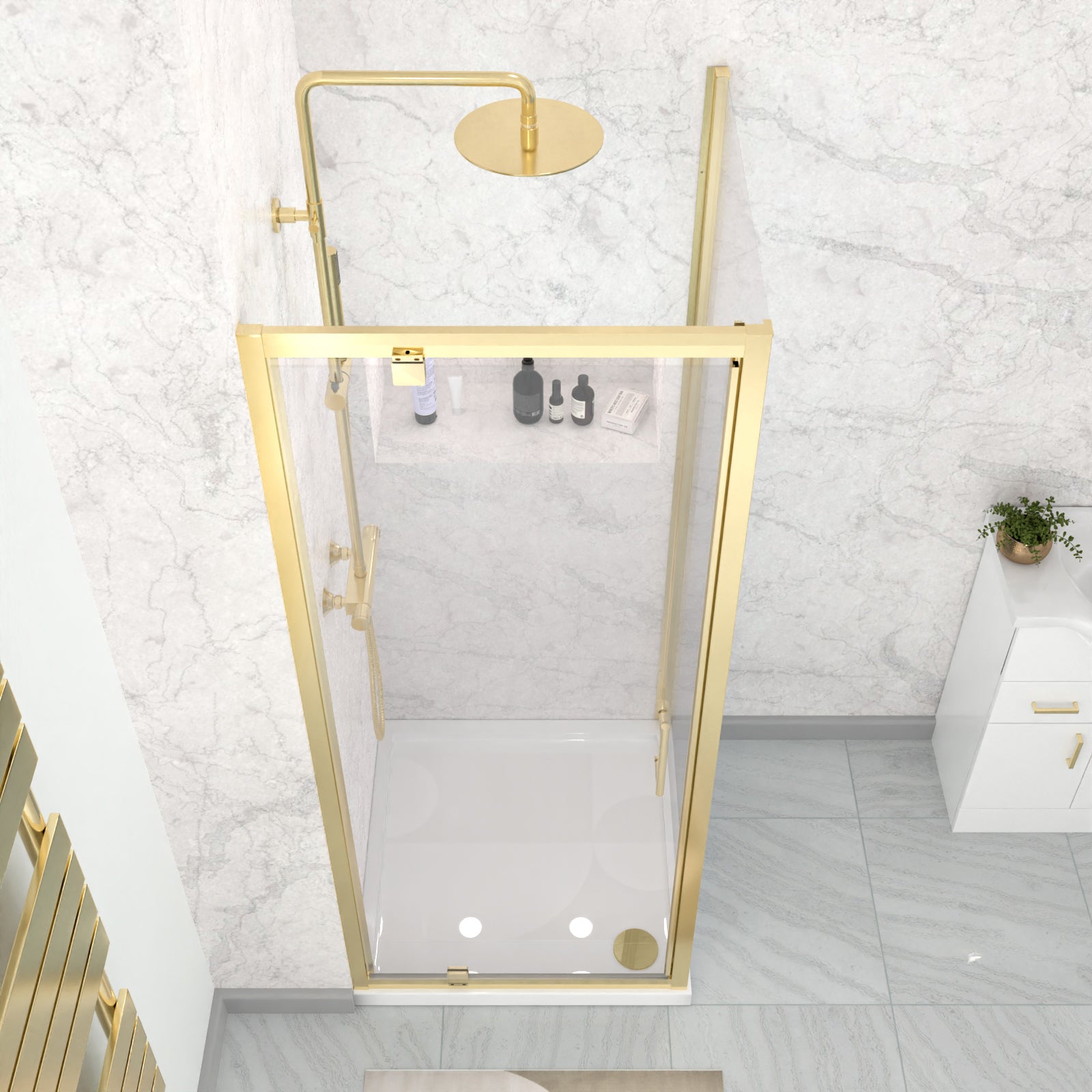 Brushed Brass 800 x 800mm Pivot Door Shower Enclosure Panel & Tray Set