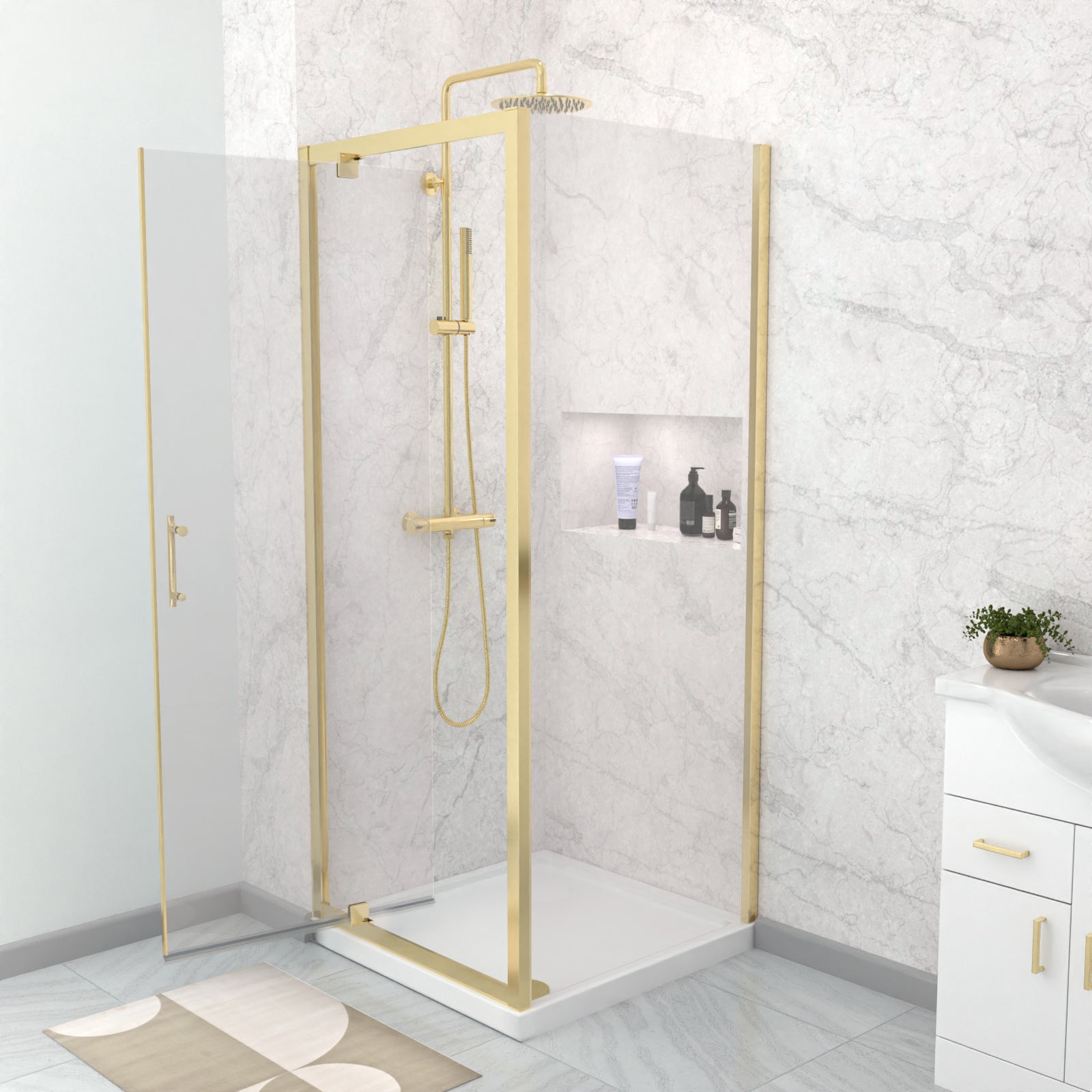Brushed Brass 800 x 800mm Pivot Door Shower Enclosure Panel & Tray Set