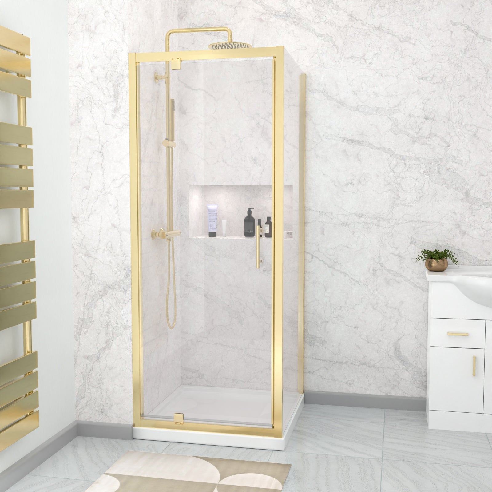 Brushed Brass 800 x 800mm Pivot Door Shower Enclosure Panel & Tray Set