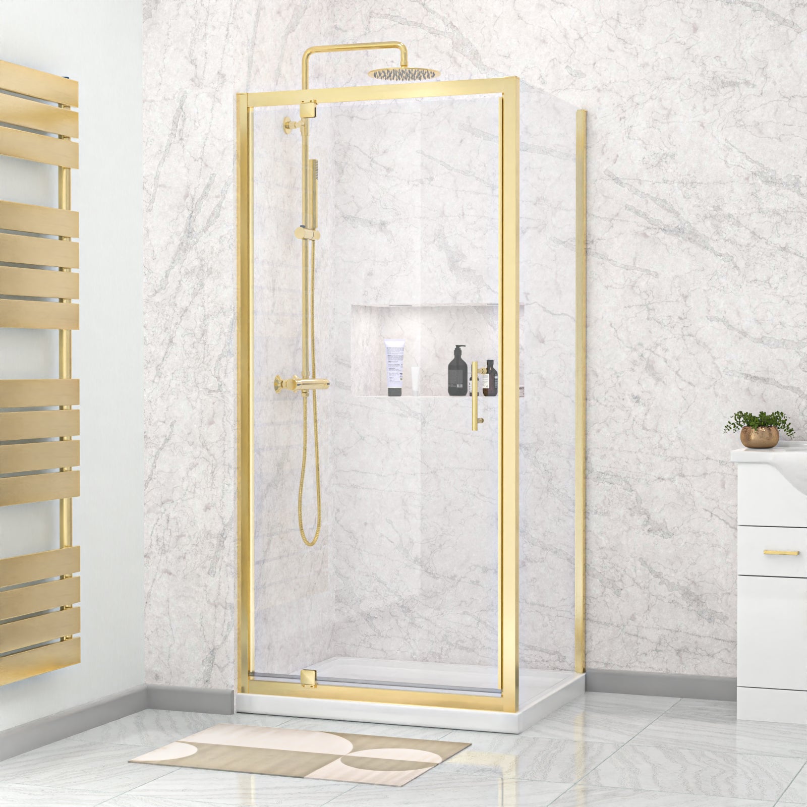 Jupiter Brushed Brass 900 x 760mm Pivot Door Shower Enclosure & Side Panel