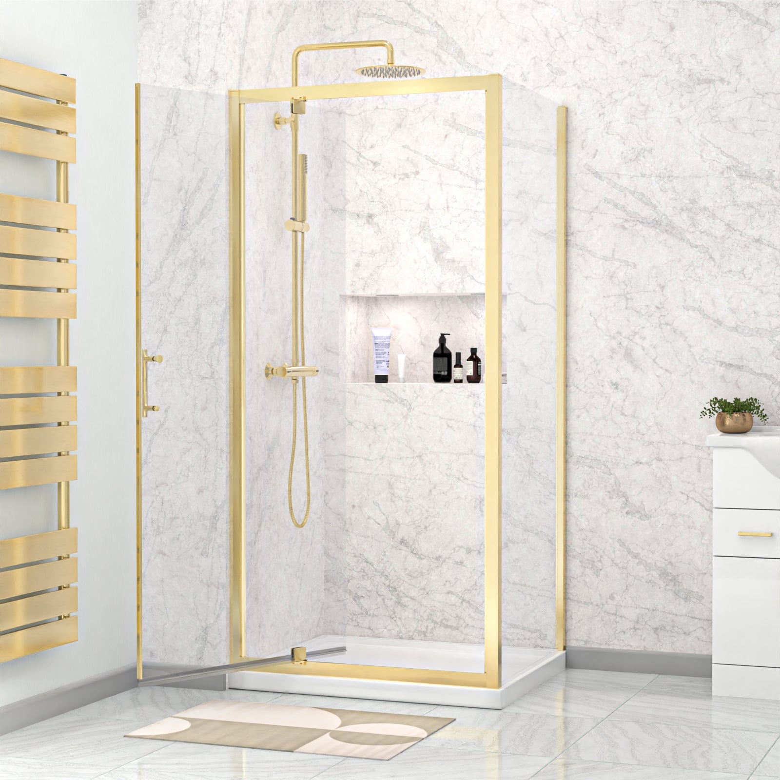 Jupiter Brushed Brass 900 x 760mm Pivot Door Shower Enclosure & Side Panel
