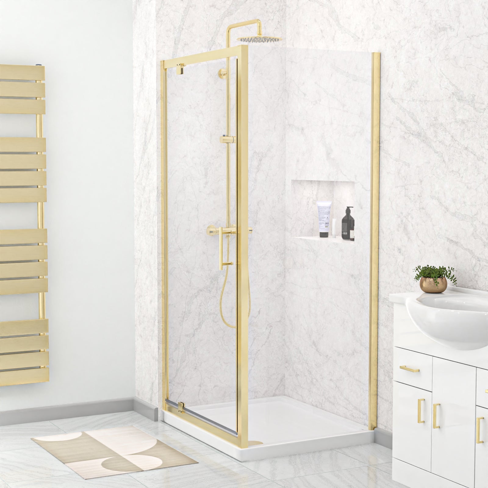 Jupiter Brushed Brass 900 x 760mm Pivot Door Shower Enclosure & Side Panel