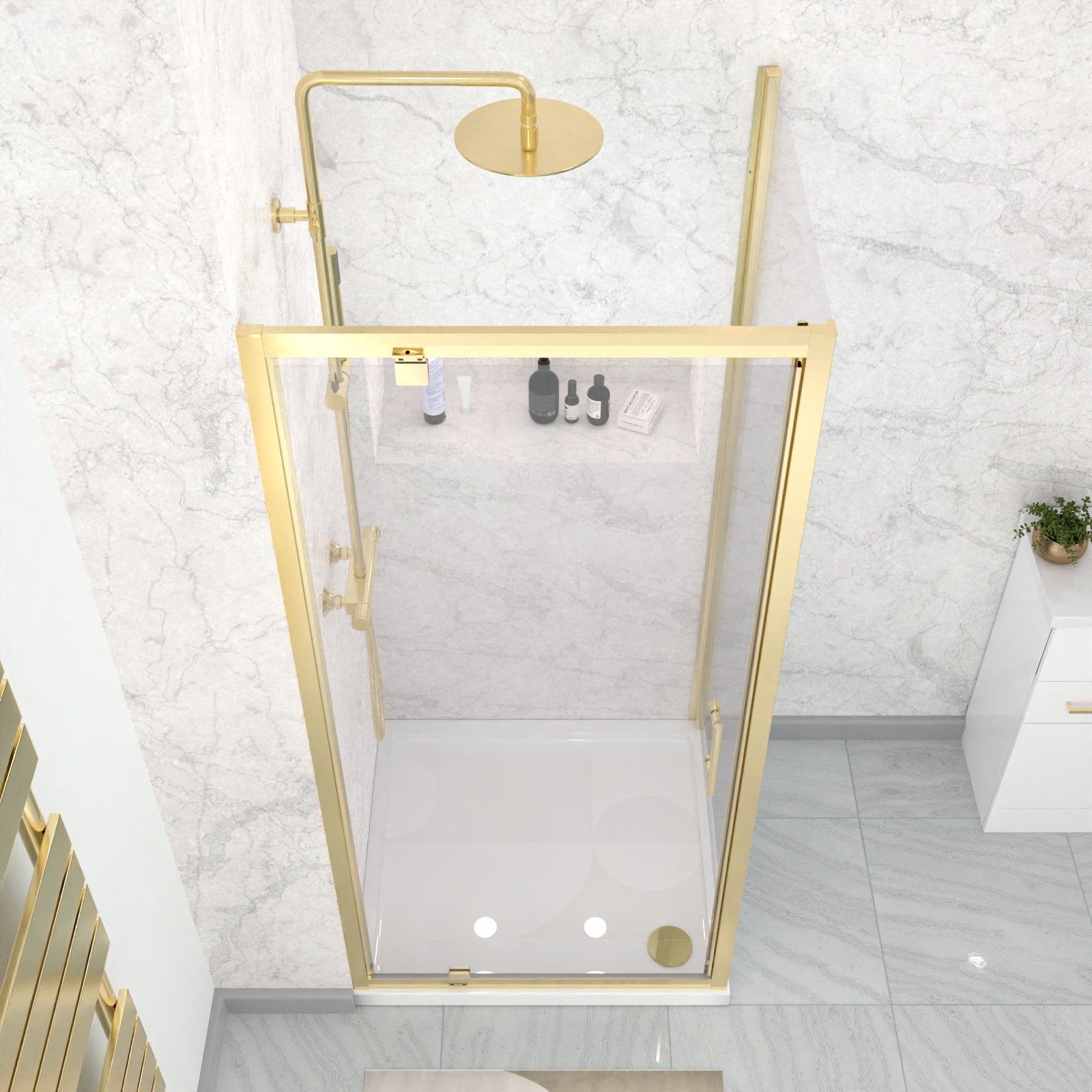 Brushed Brass 900 x 800mm Pivot Door Shower Enclosure Panel & Tray Set