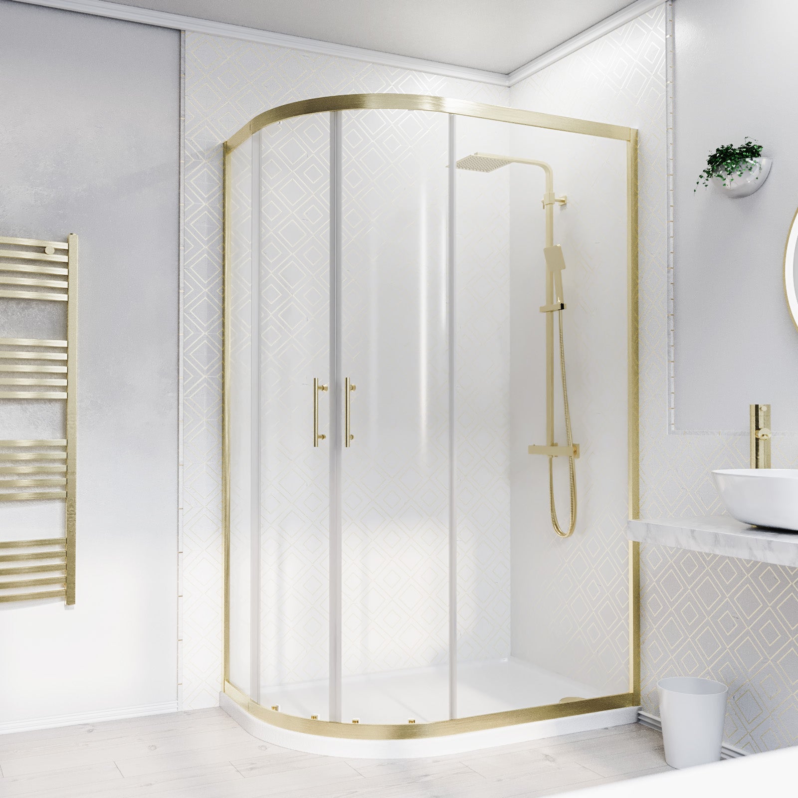 Saturn 1200 x 900mm Brushed Brass Framed Offset Quadrant Corner Shower Enclosure