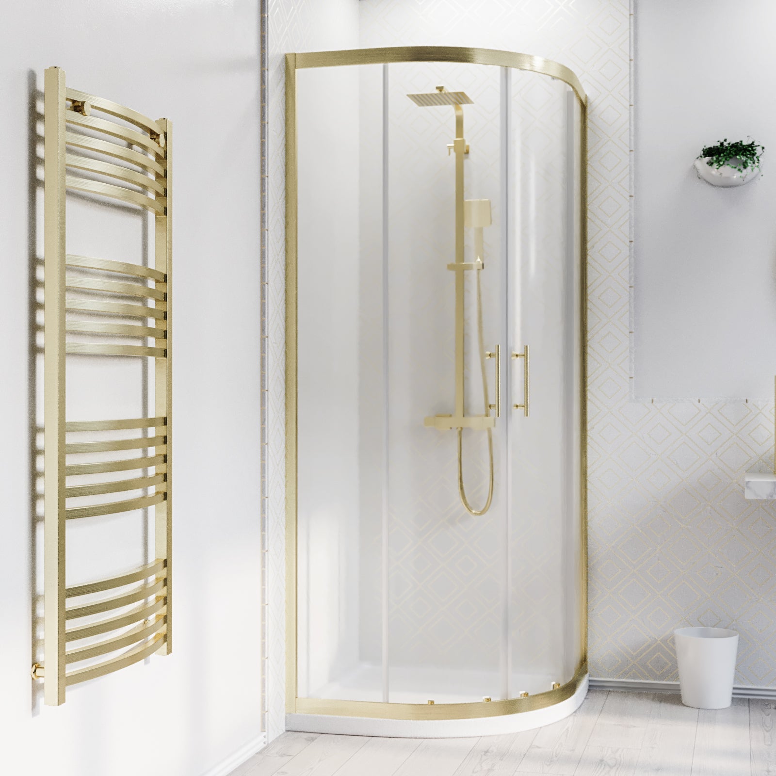Quadrant 800 x 800mm Shower Enclosure Brushed Brass with Shower Tray
