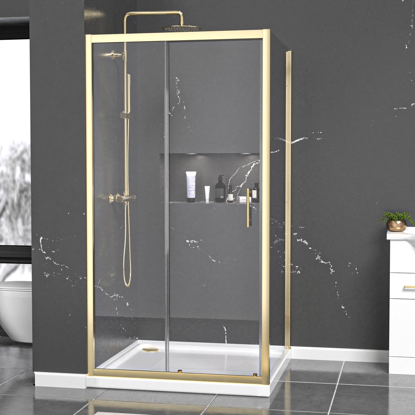 Manga 1000 x 1000mm Shower Enclosure Sliding Door, Panel & Tray Brushed Brass
