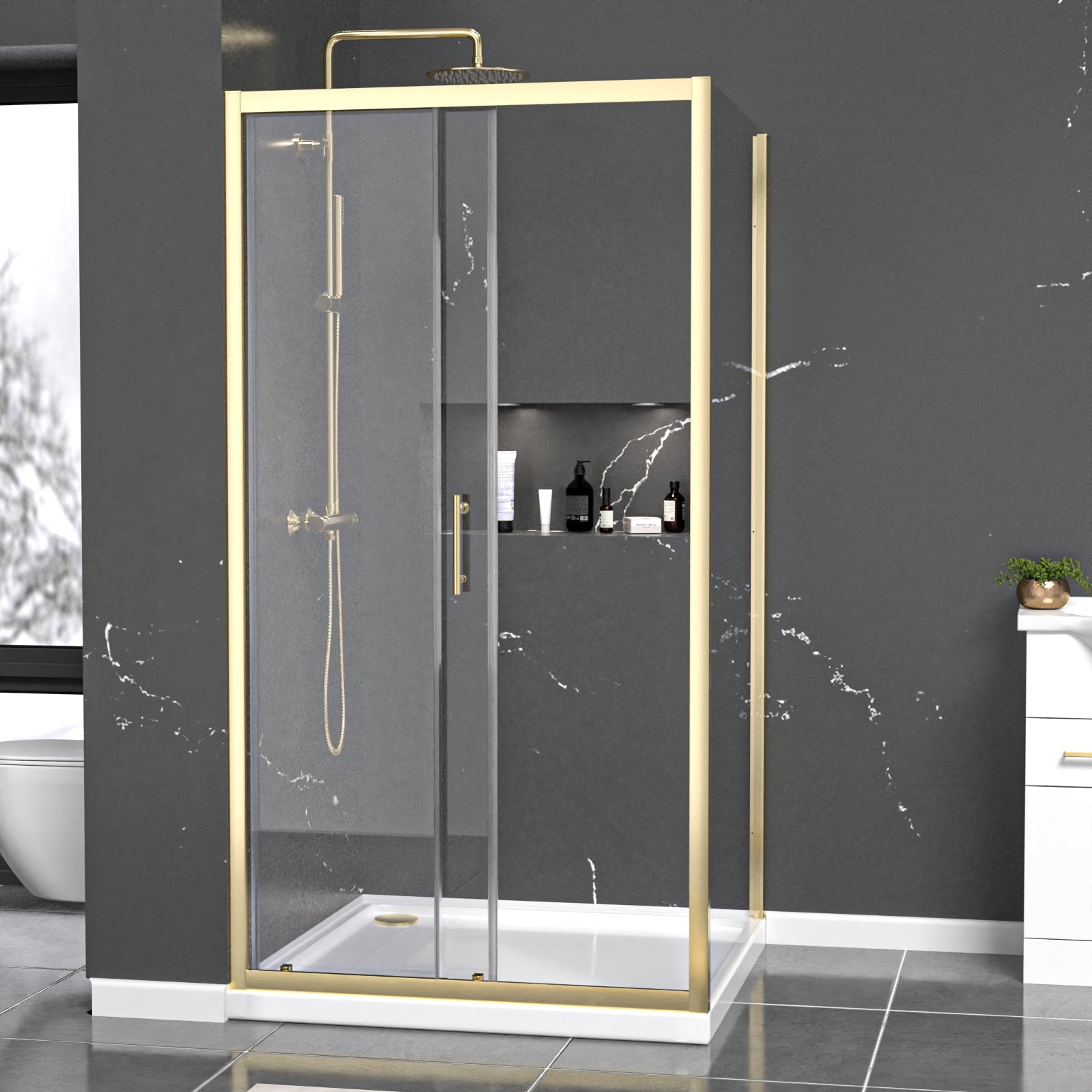 Manga 1000 x 1000mm Shower Enclosure Sliding Door, Panel & Tray Brushed Brass