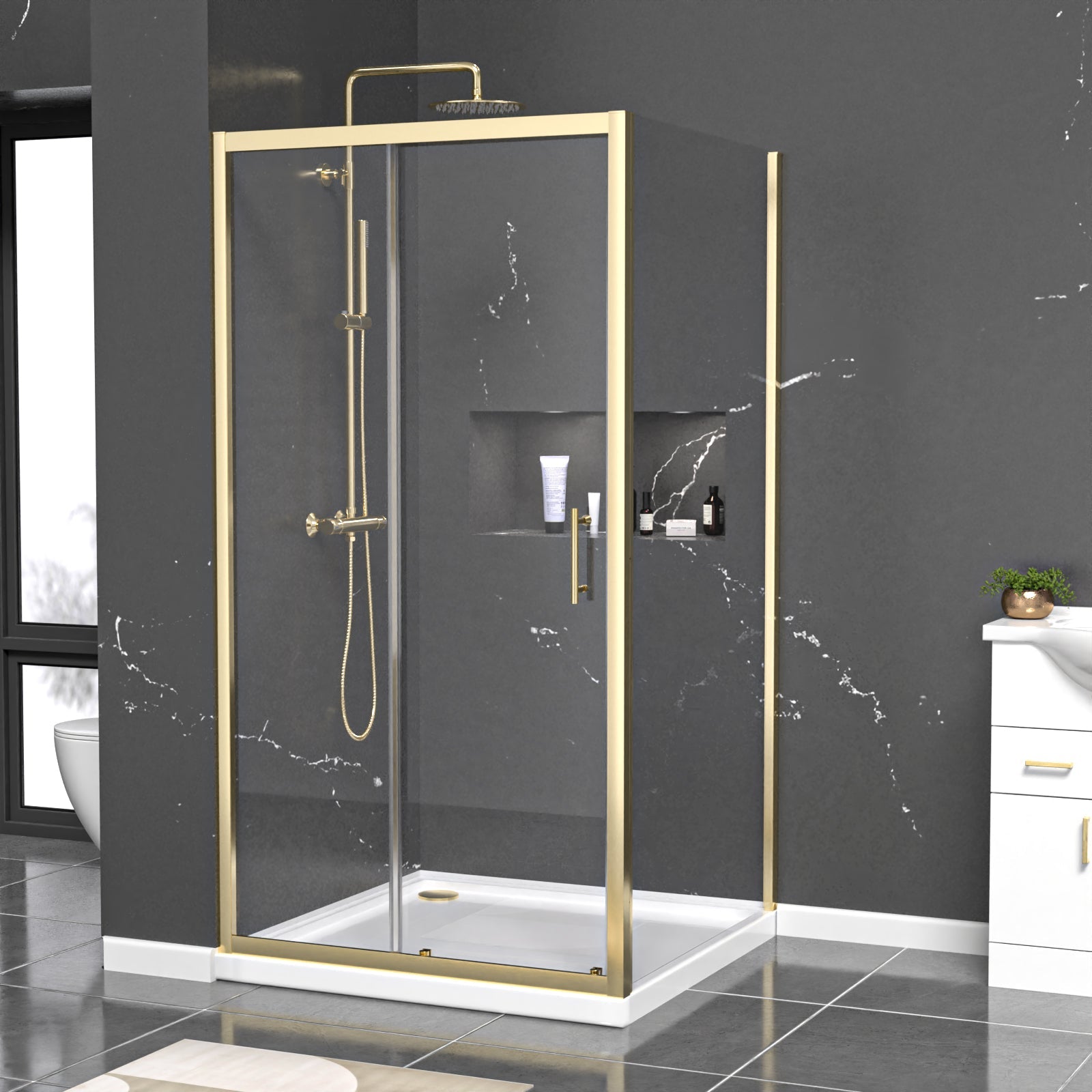 Manga 1000 x 1000mm Shower Enclosure Sliding Door, Panel & Tray Brushed Brass