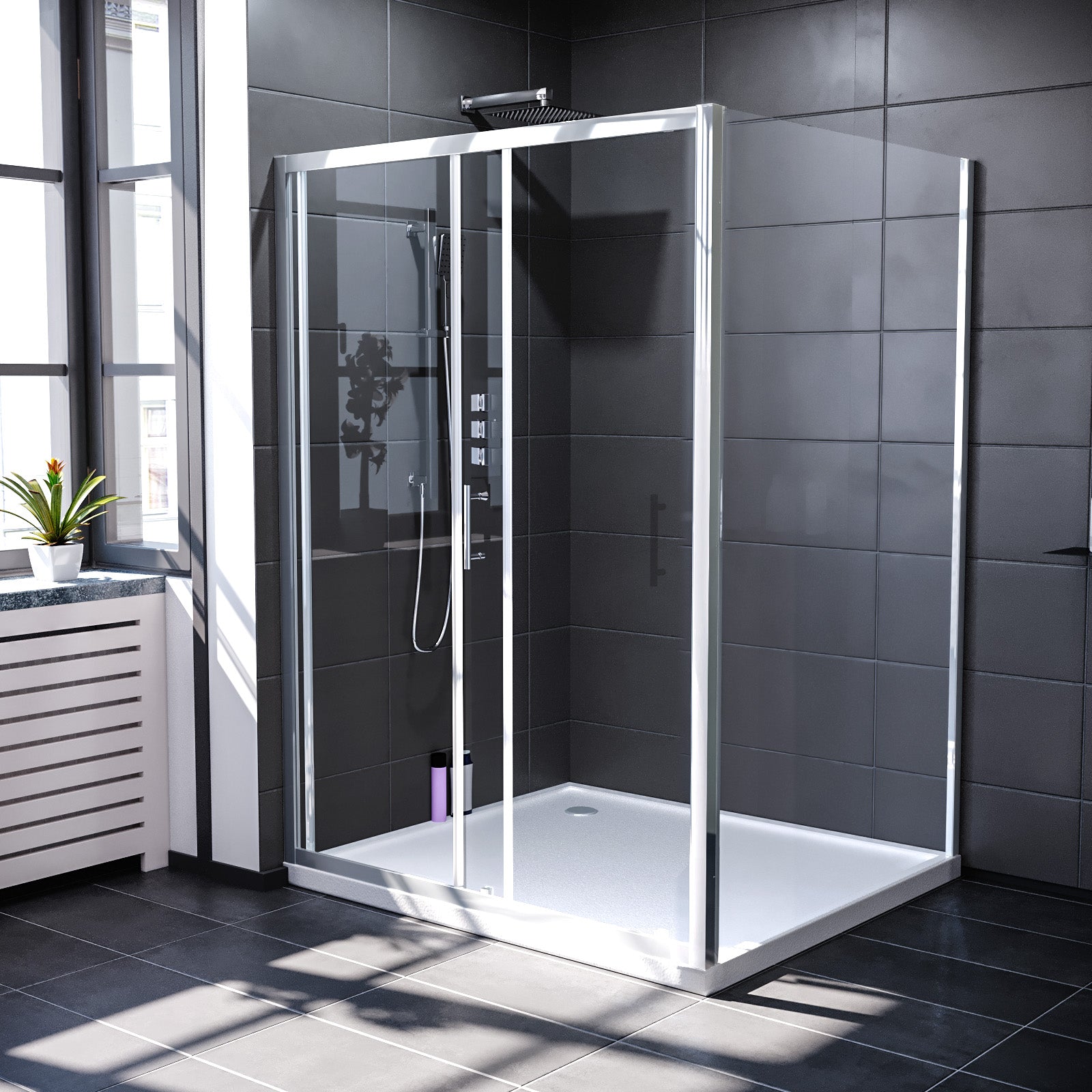 Manga 1000 x 1000mm Shower Enclosure Sliding Door, Panel & Tray Chrome