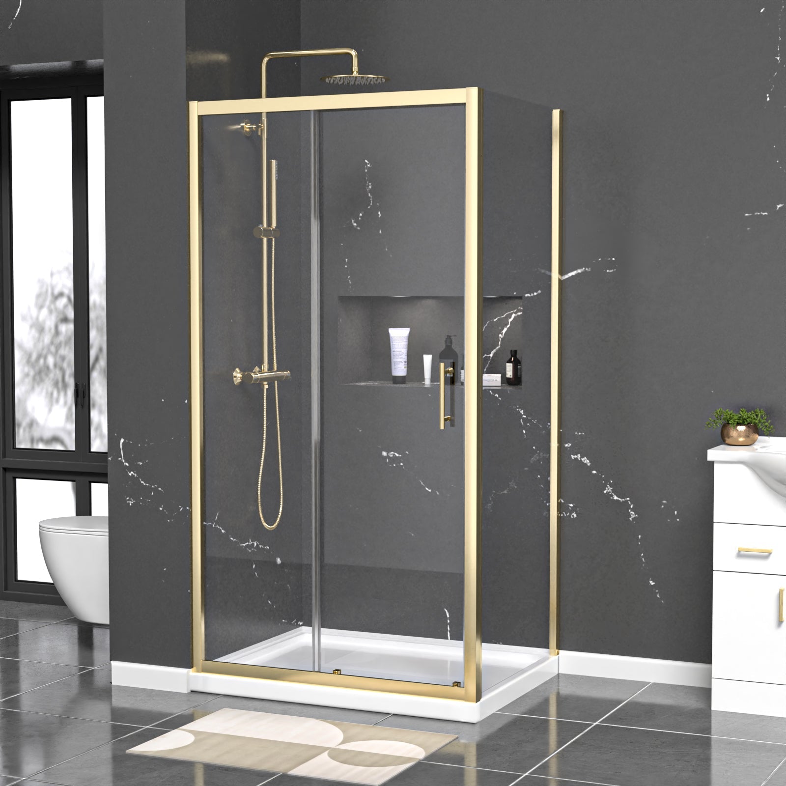 Manga 1000 x 700mm Shower Enclosure Sliding Door & Side Panel Brushed Brass
