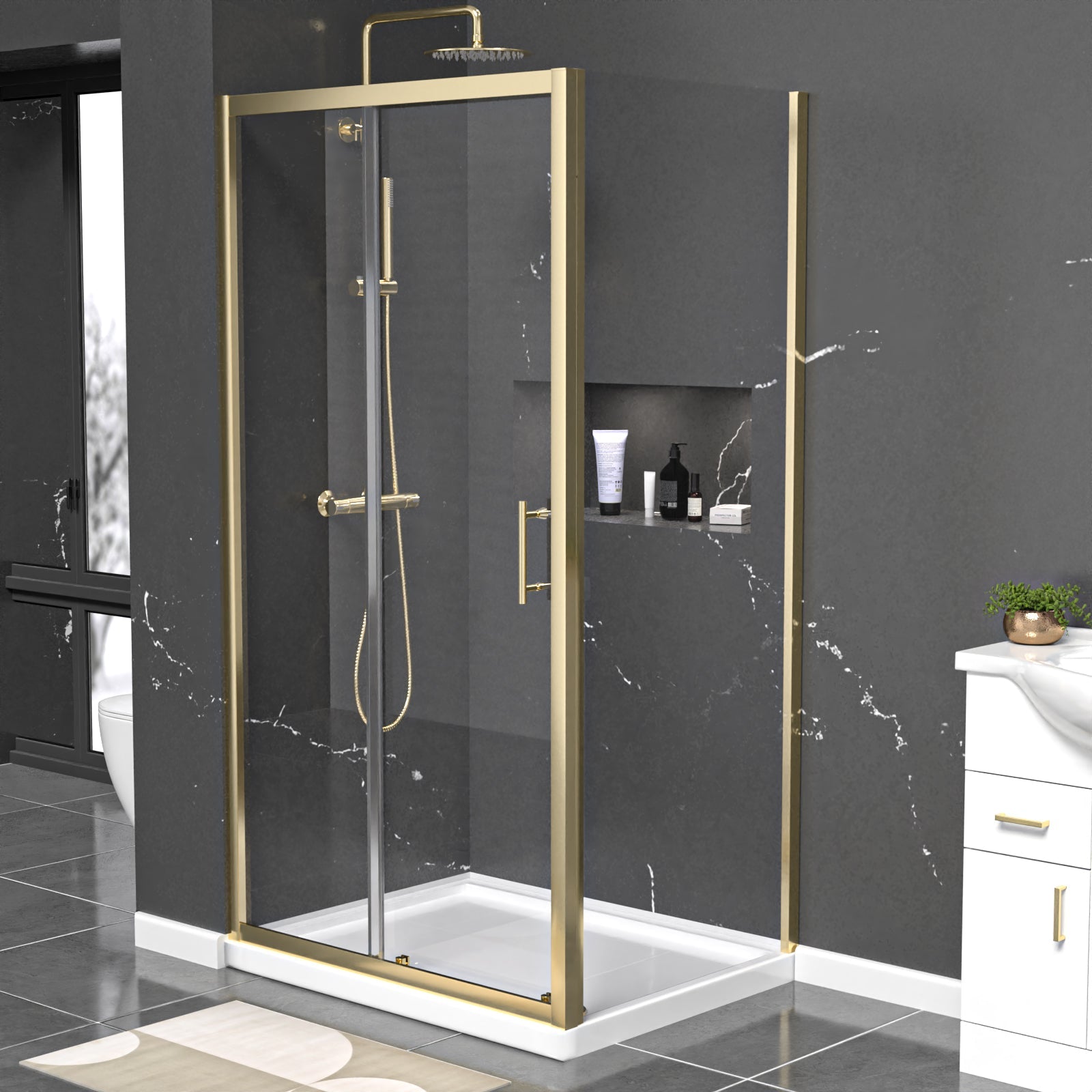 Manga 1000 x 700mm Shower Enclosure Sliding Door & Side Panel Brushed Brass
