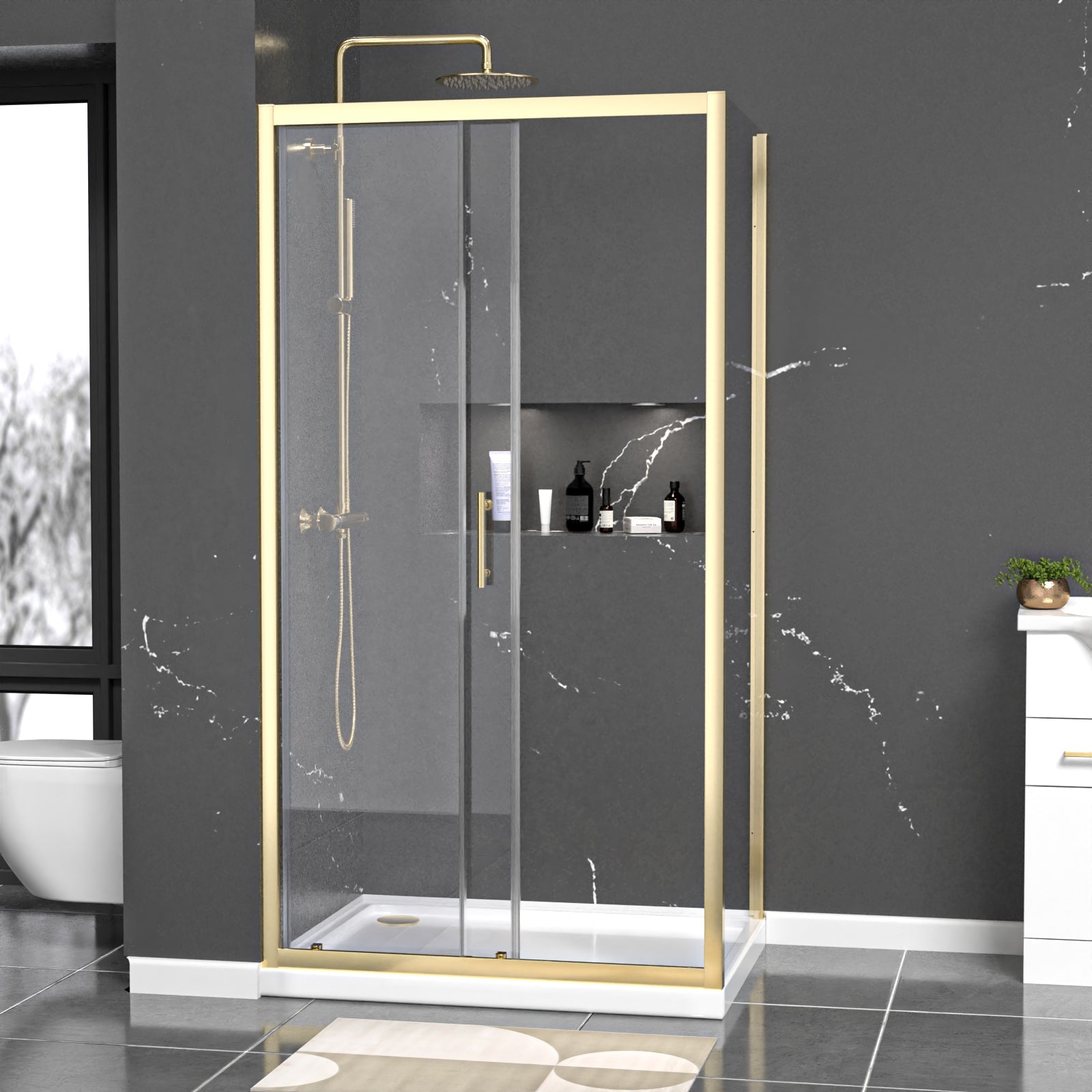 Brushed Brass 1000 x 800mm Shower Enclosure Sliding Door Panel & Tray