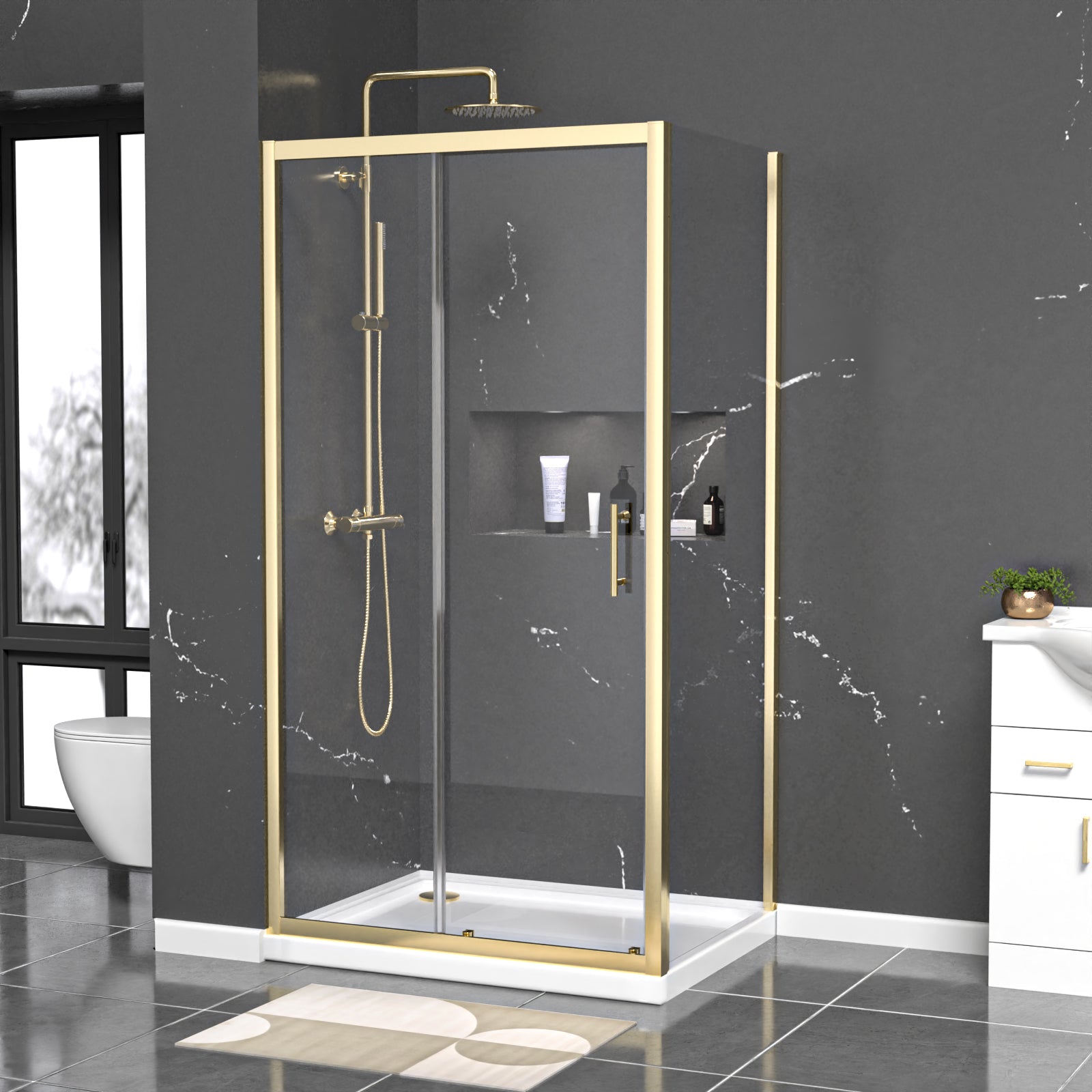 Brushed Brass 1000 x 800mm Shower Enclosure Sliding Door Panel & Tray