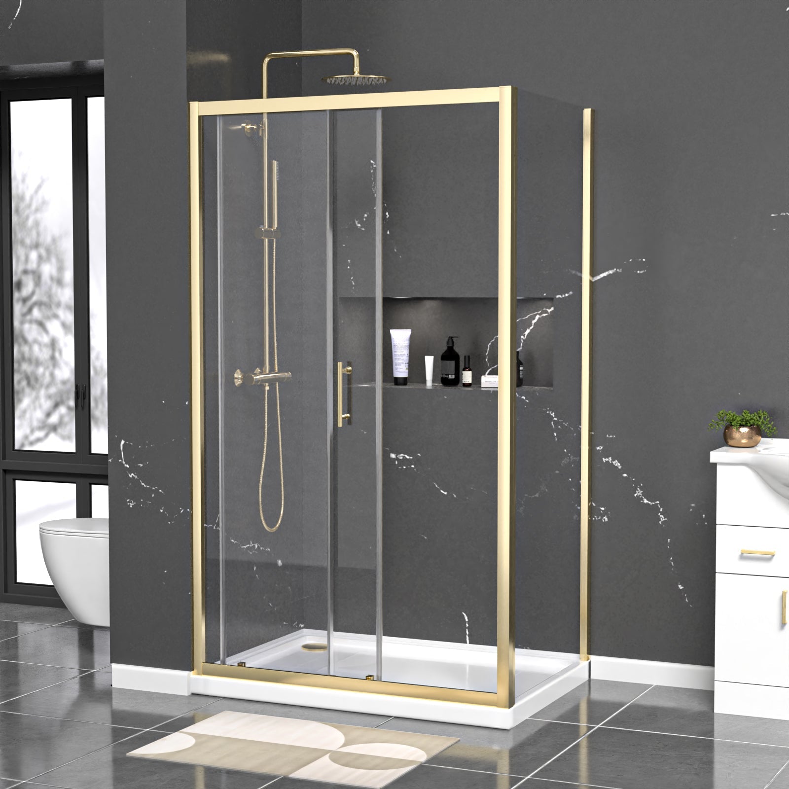 Manga 1100 x 700mm Shower Enclosure Sliding Door & Side Panel Brushed Brass