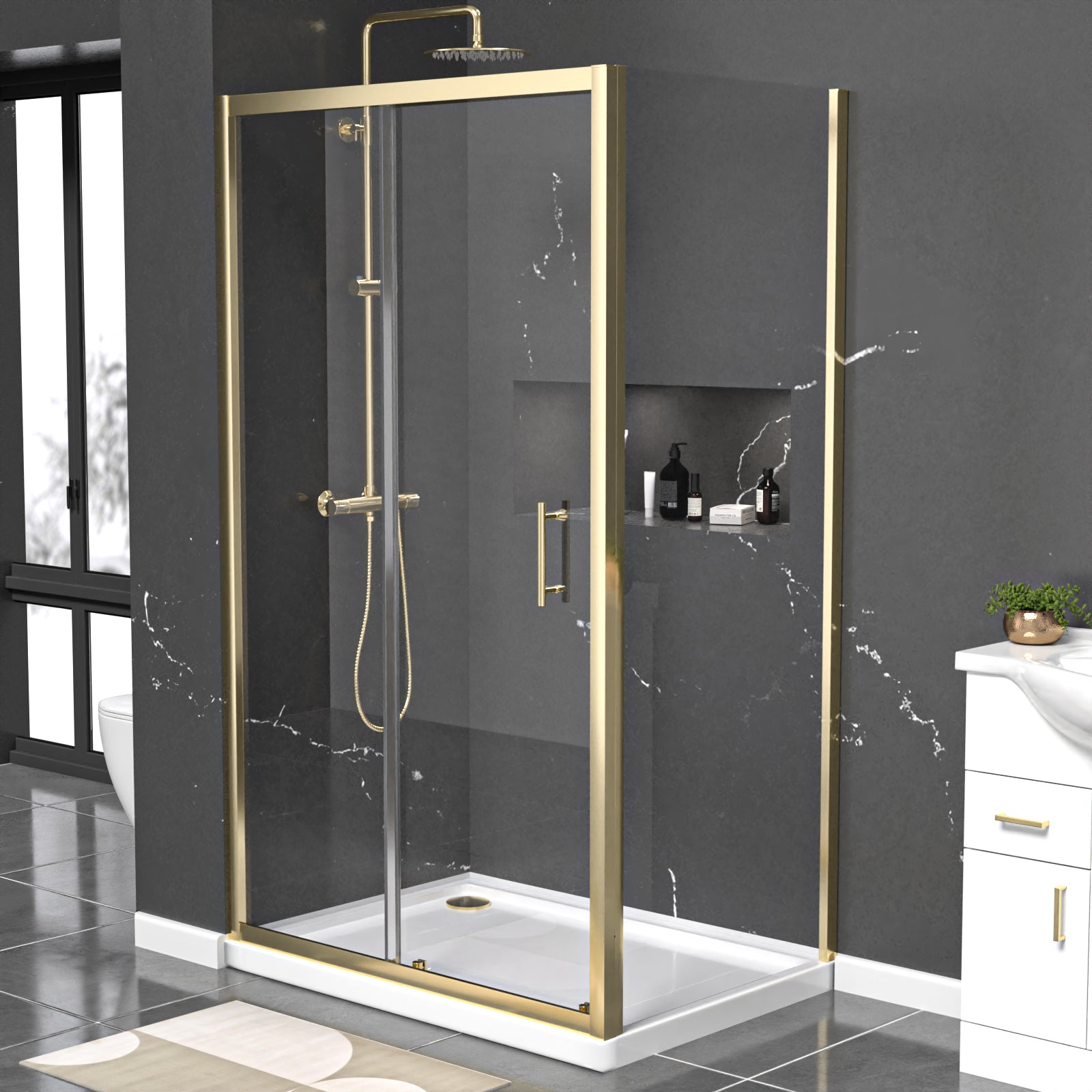 Manga 1100 x 700mm Shower Enclosure Sliding Door, Panel & Tray Brushed Brass