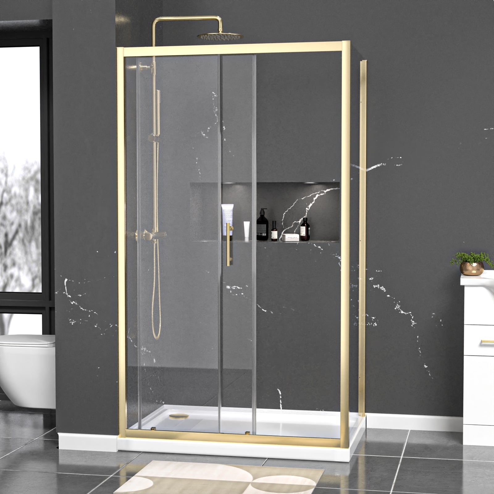 Magna Brushed Brass 1100 x 760mm Shower Enclosure Sliding Door Panel & Tray