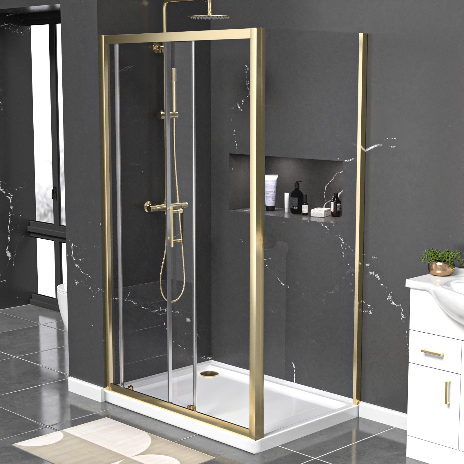 Magna Brushed Brass 1100 x 760mm Shower Enclosure Sliding Door Panel & Tray