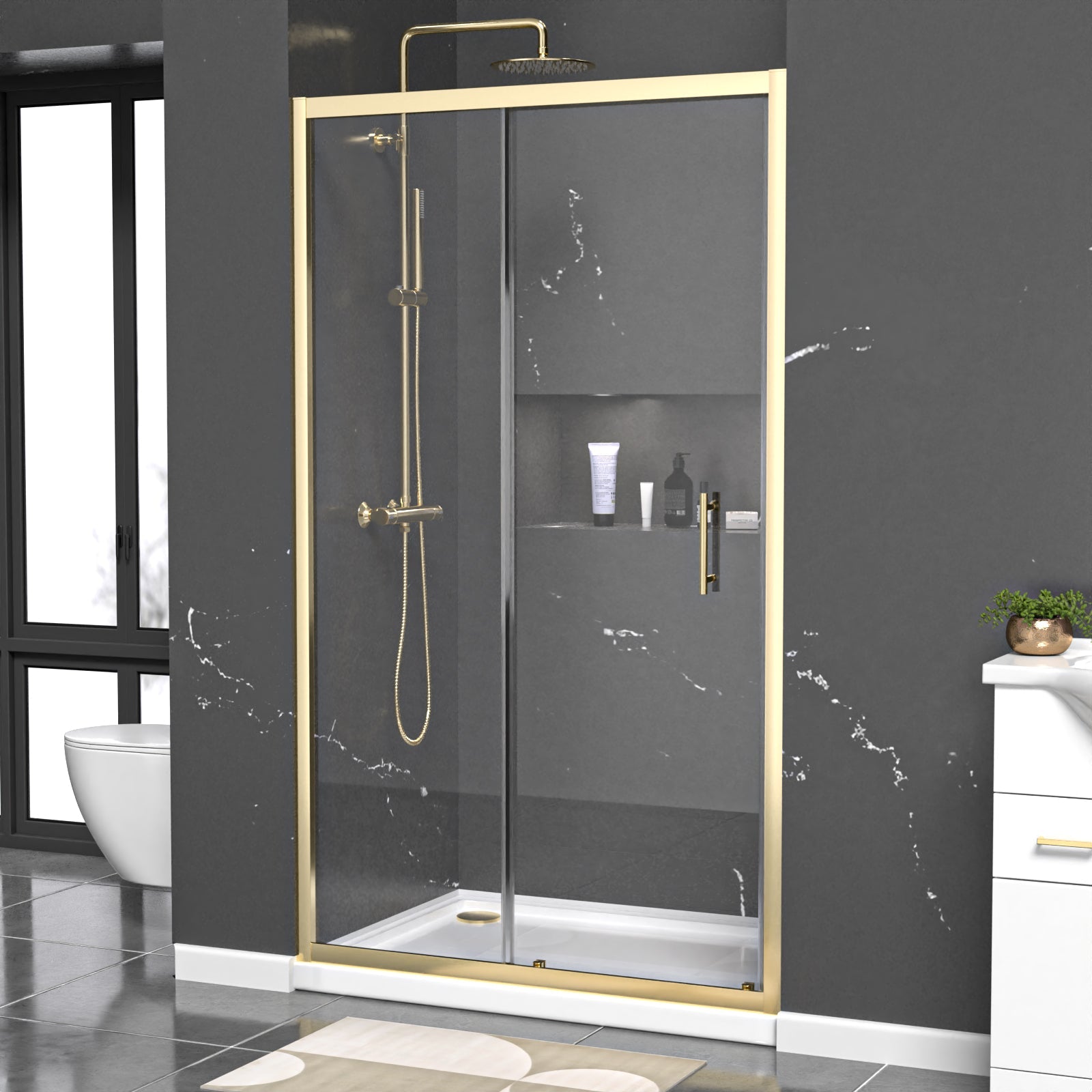 Manga 1100mm x 1850mm Shower Enclosure 6mm Glass Slider Door Brushed Brass