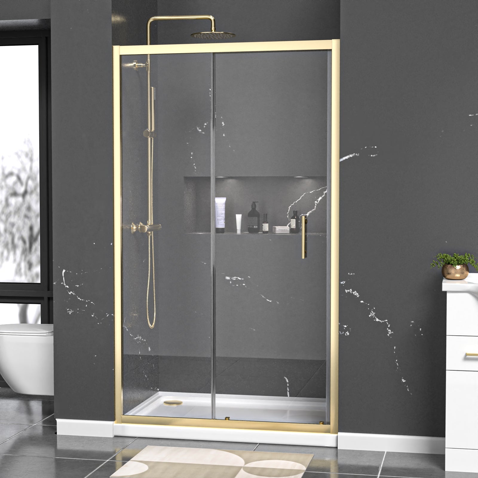 Manga 1100mm x 1850mm Shower Enclosure 6mm Glass Slider Door Brushed Brass