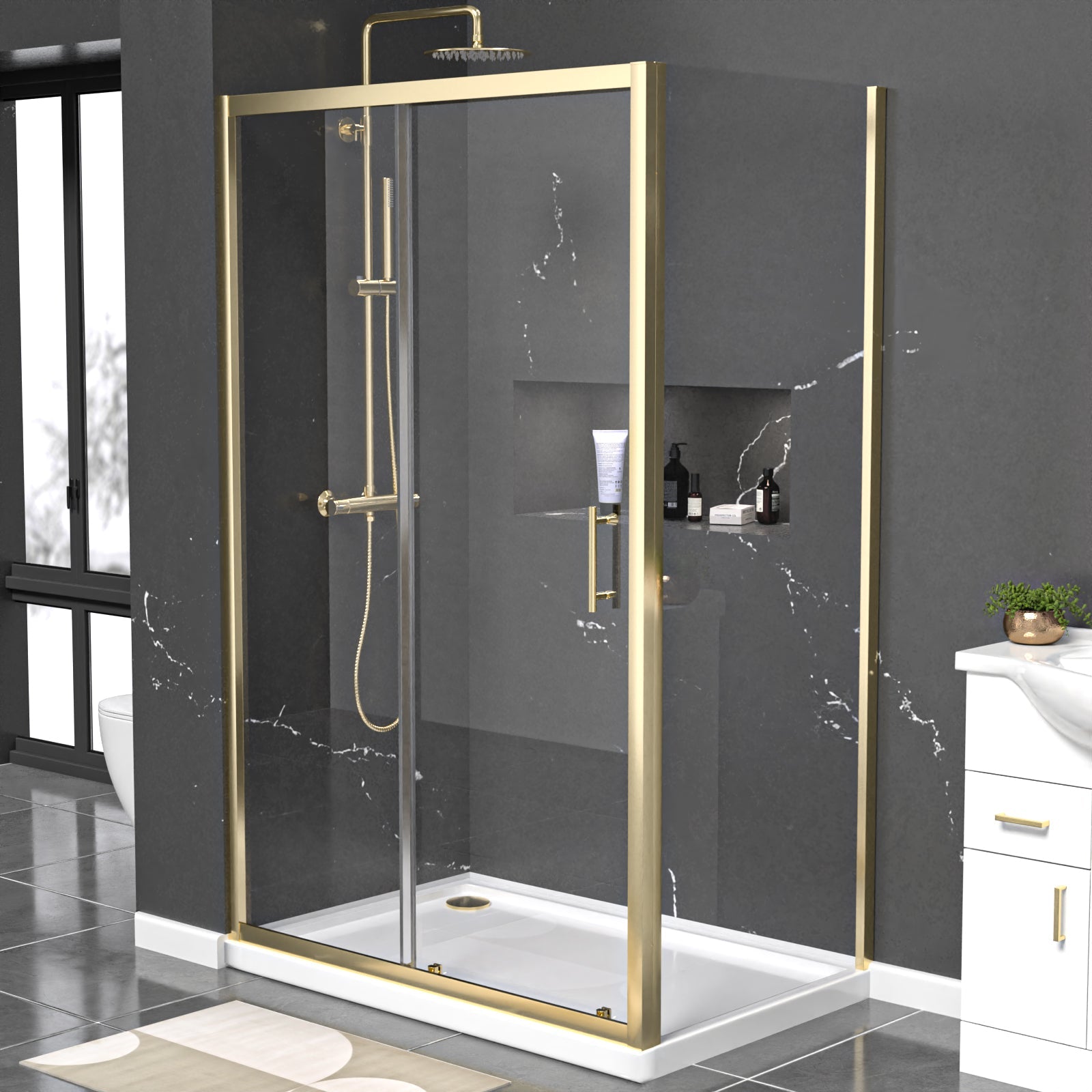Manga 1200 x 700mm Shower Enclosure Sliding Door, Panel & Tray Brushed Brass