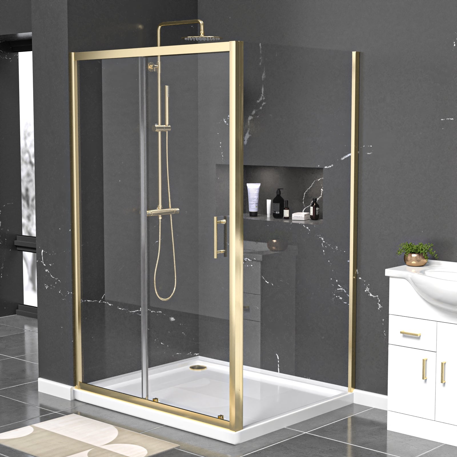 Brushed Brass 1200 x 900mm Shower Enclosure Sliding Door Panel & Tray