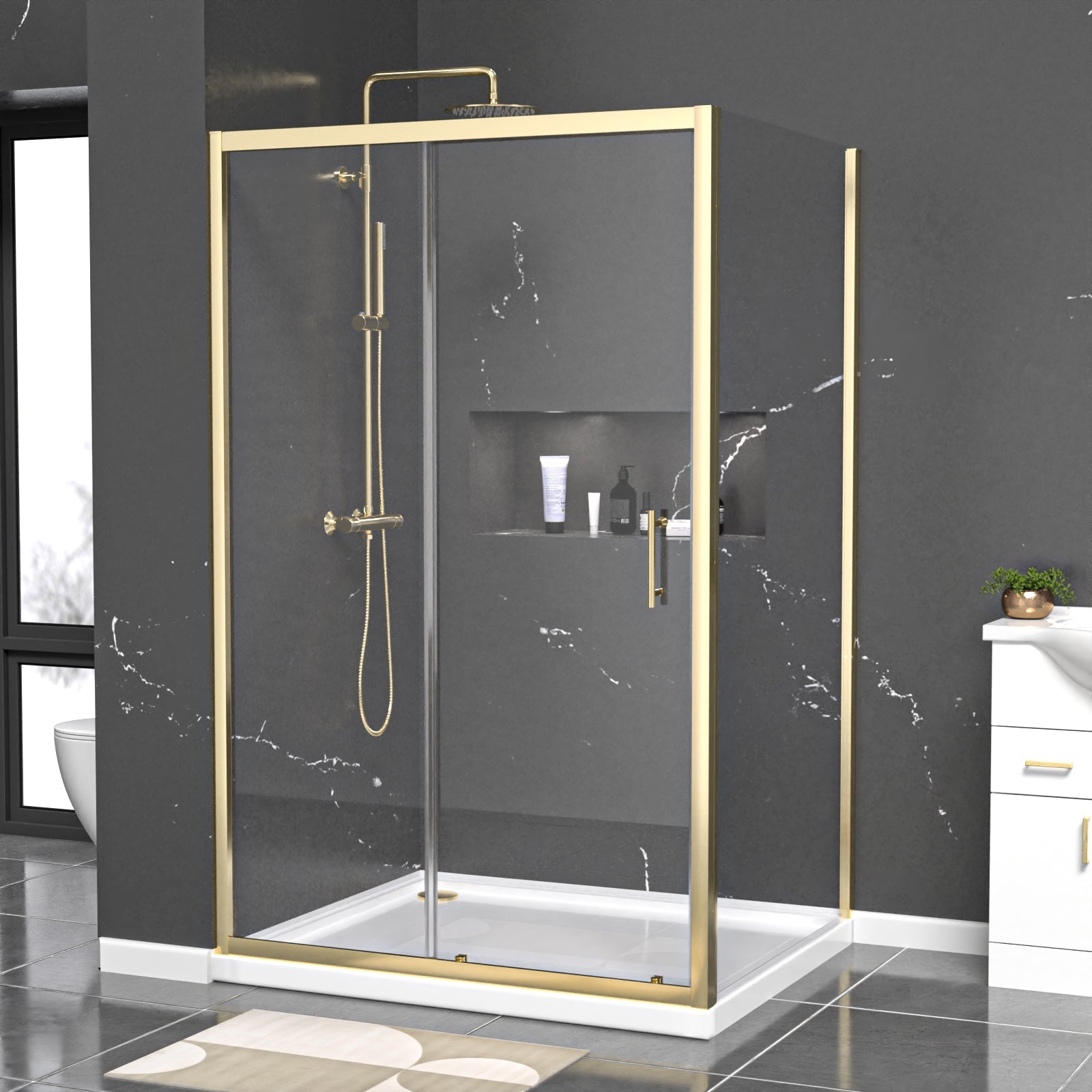 Manga 1200 x 1000mm Shower Enclosure Sliding Door, Panel & Tray Brushed Brass