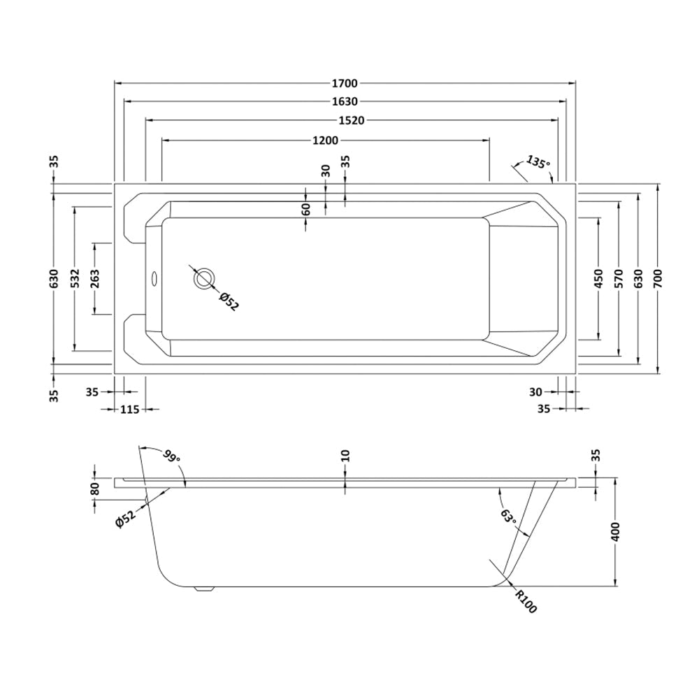 Ascott 1700 x 700mm White Square Single Ended Baths Acrylic