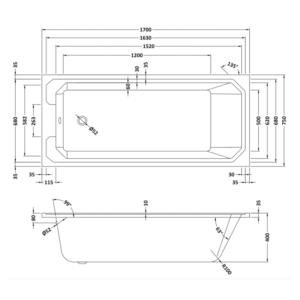 Ascott 1700 x 750mm White Square Single Ended Bath Acrylic