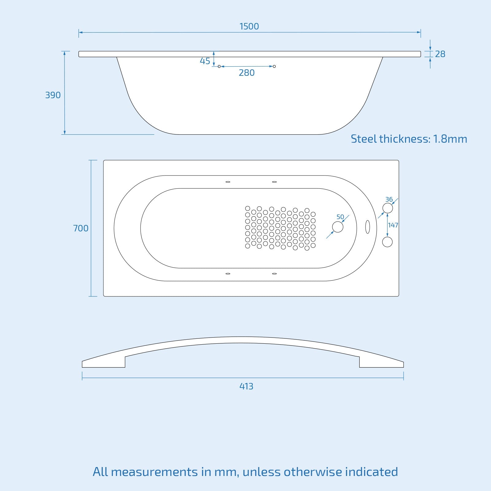 Dylan 1500 x 700mm Steel Enamel Bath with Chrome Handles, Anti Slip Base & 2 Tap Holes