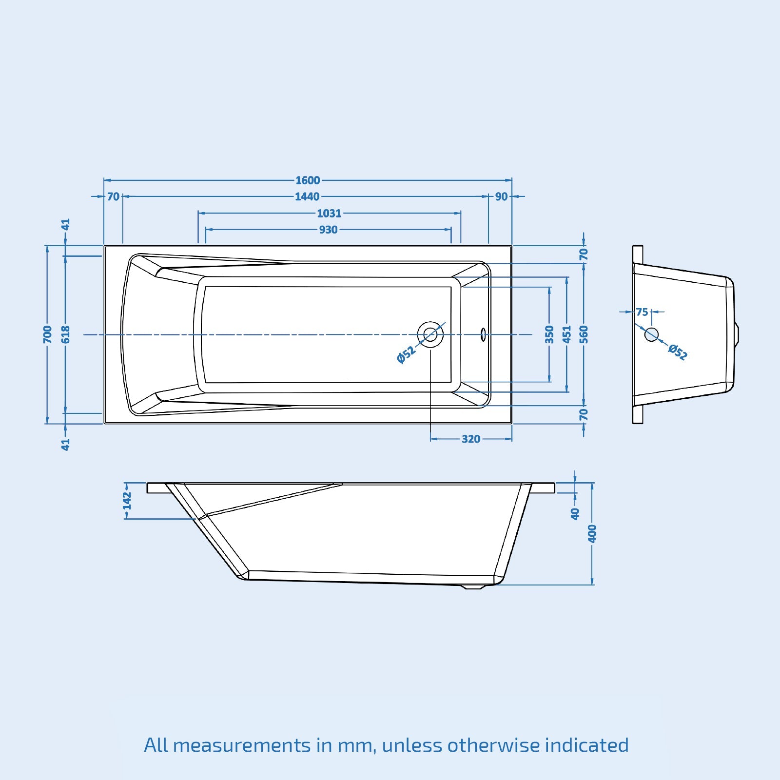 Dylan 1600 x 700mm Square Single Ended Bath with Bath Leg