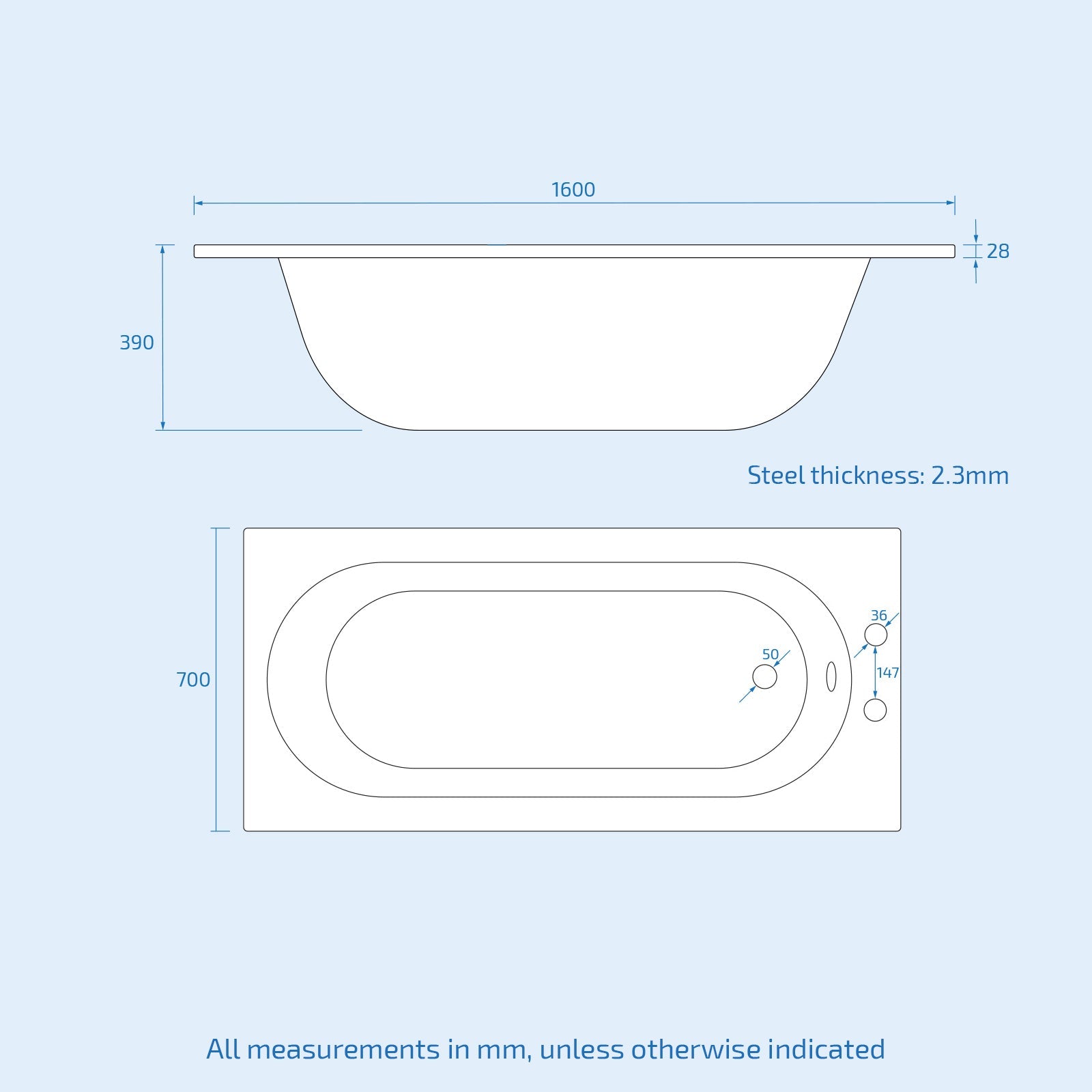 Dylan Premium 1600 x 700mm Gloss White Steel Enamel Bath with 2 Tap Holes, Waste & Overflow