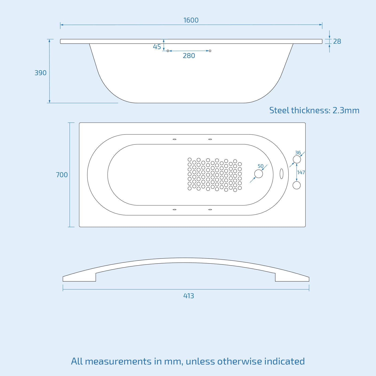 Dylan Premium 1600 x 700mm Gloss White Heavy Duty Extra Thick Steel Enamel Bath with Chrome Handles, Anti Slip Base & 2 Tap Holes