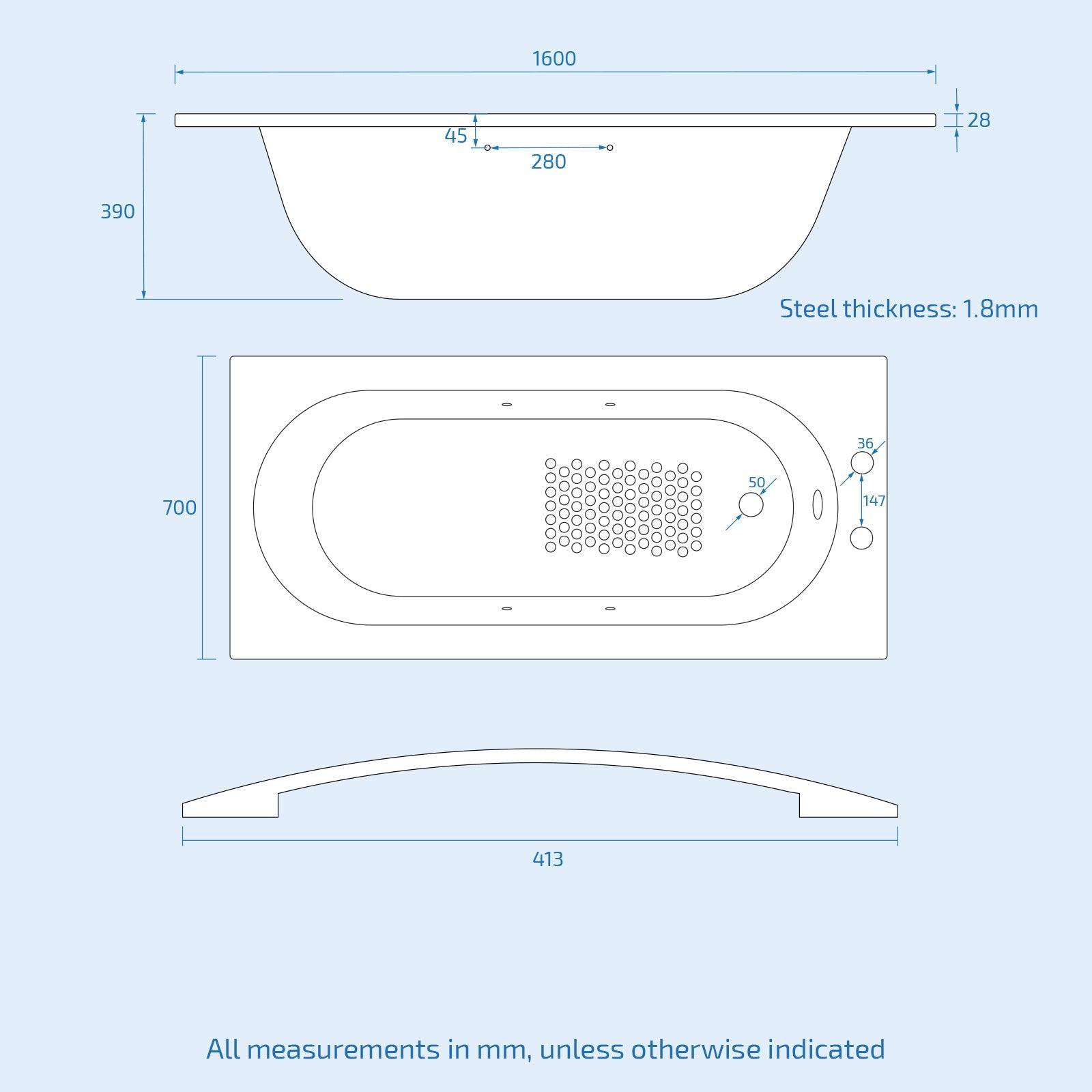 Dylan 1600 x 700mm Gloss White Steel Enamel Bath with Chrome Handles, Anti Slip Base & 2 Tap Holes
