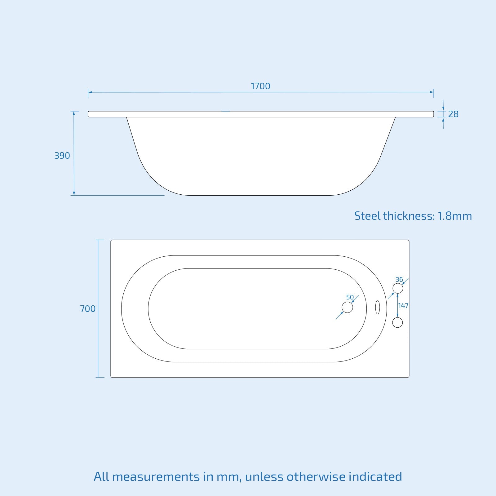 Dylan 1700 x 700mm Steel Enamel Bath with 2 Tap Holes
