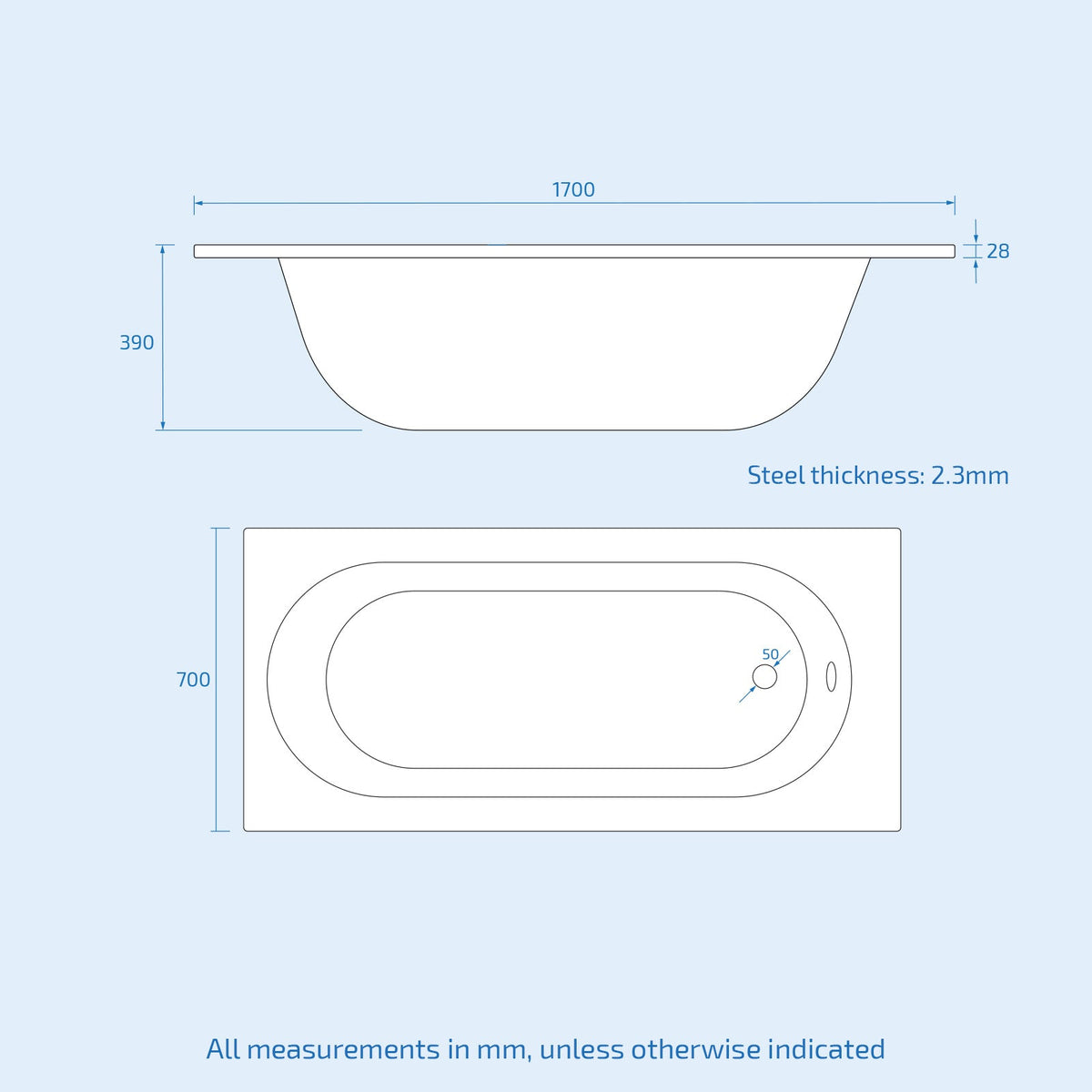 Dylan Premium 1700 x 700mm Extra Thick Heavy Duty Steel Enamel Round Bath With Waste & Overflow