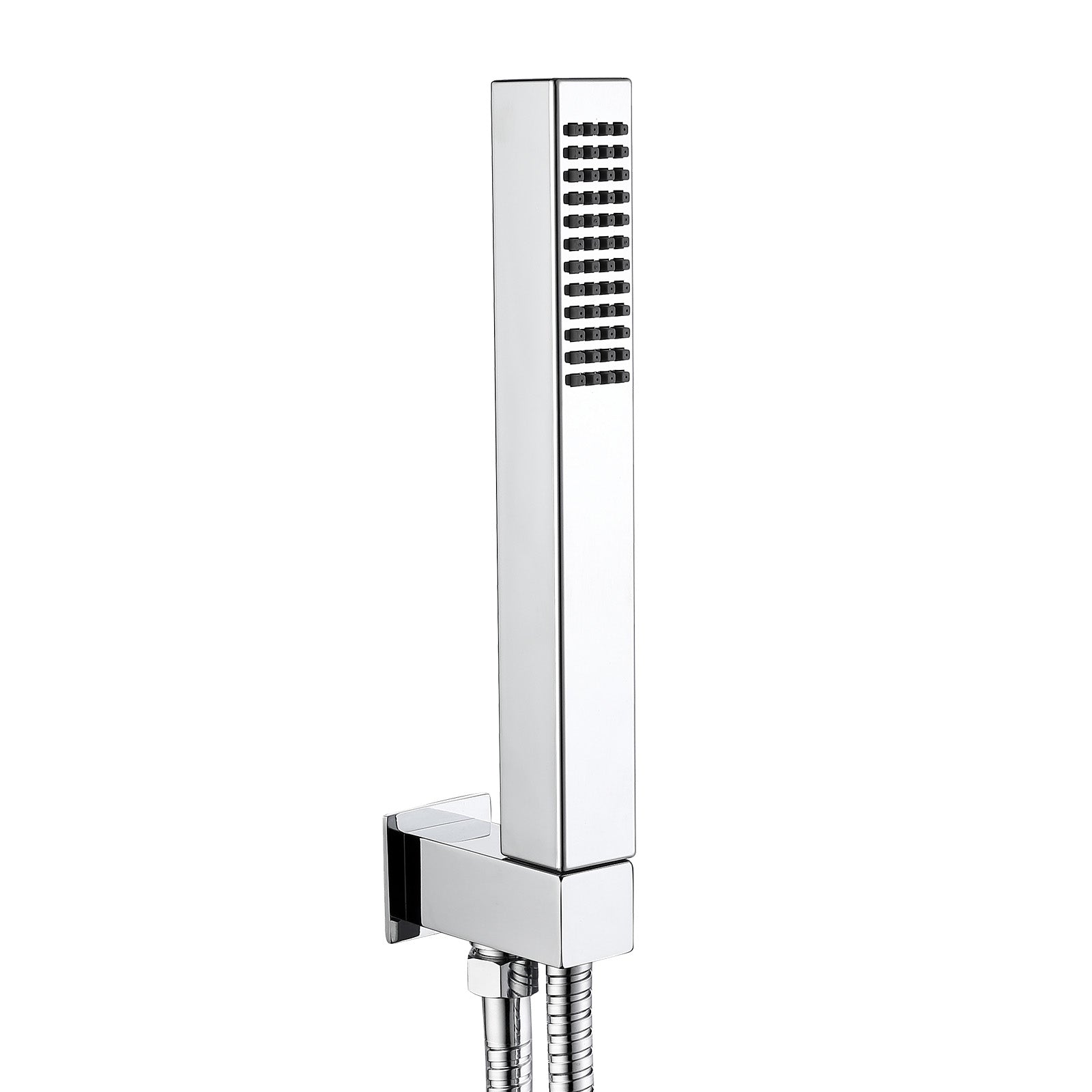 Chrome shower head with handheld shower on a white background