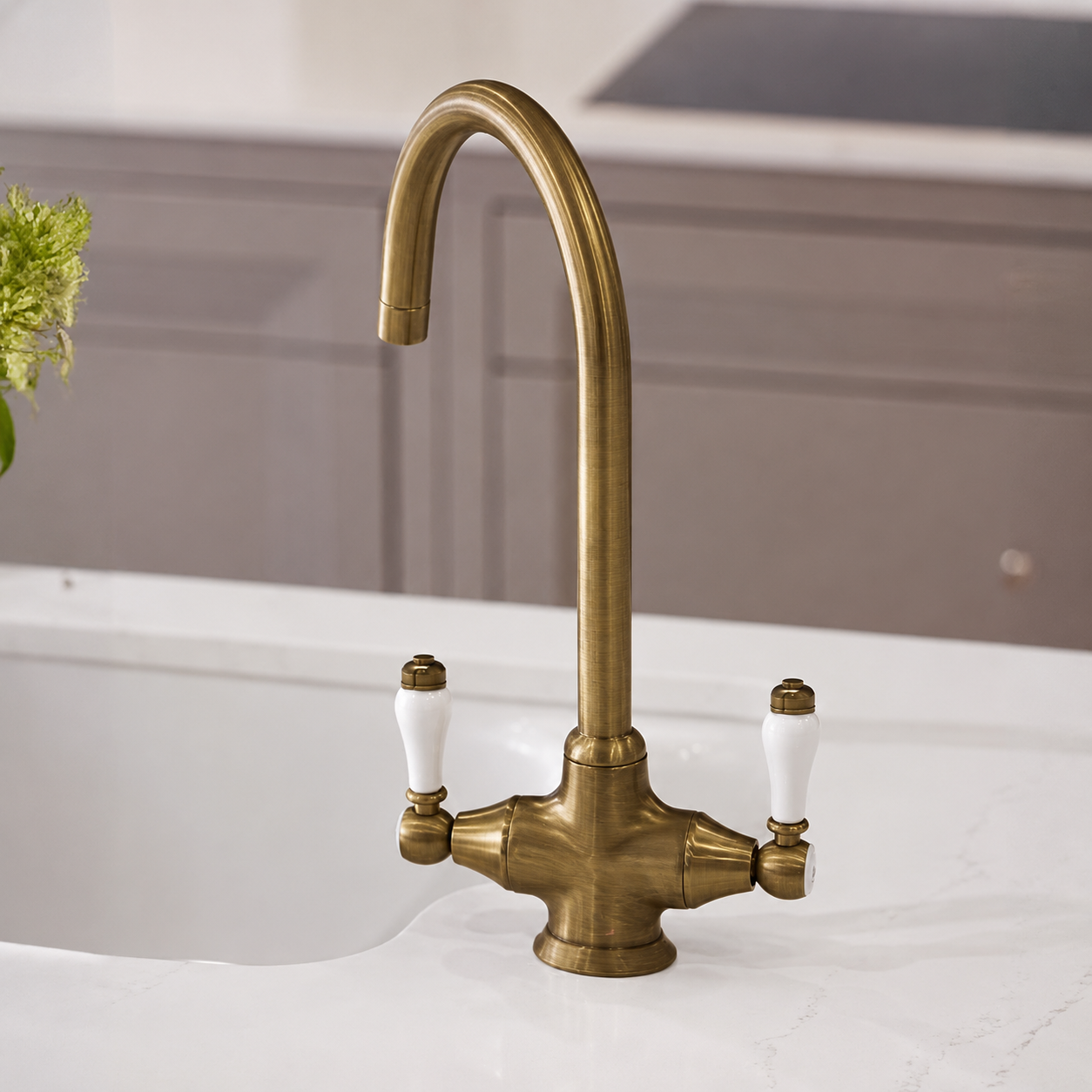 Twin Lever Brass Kitchen Sink Mixer Mono Tap Solid Antique Brass