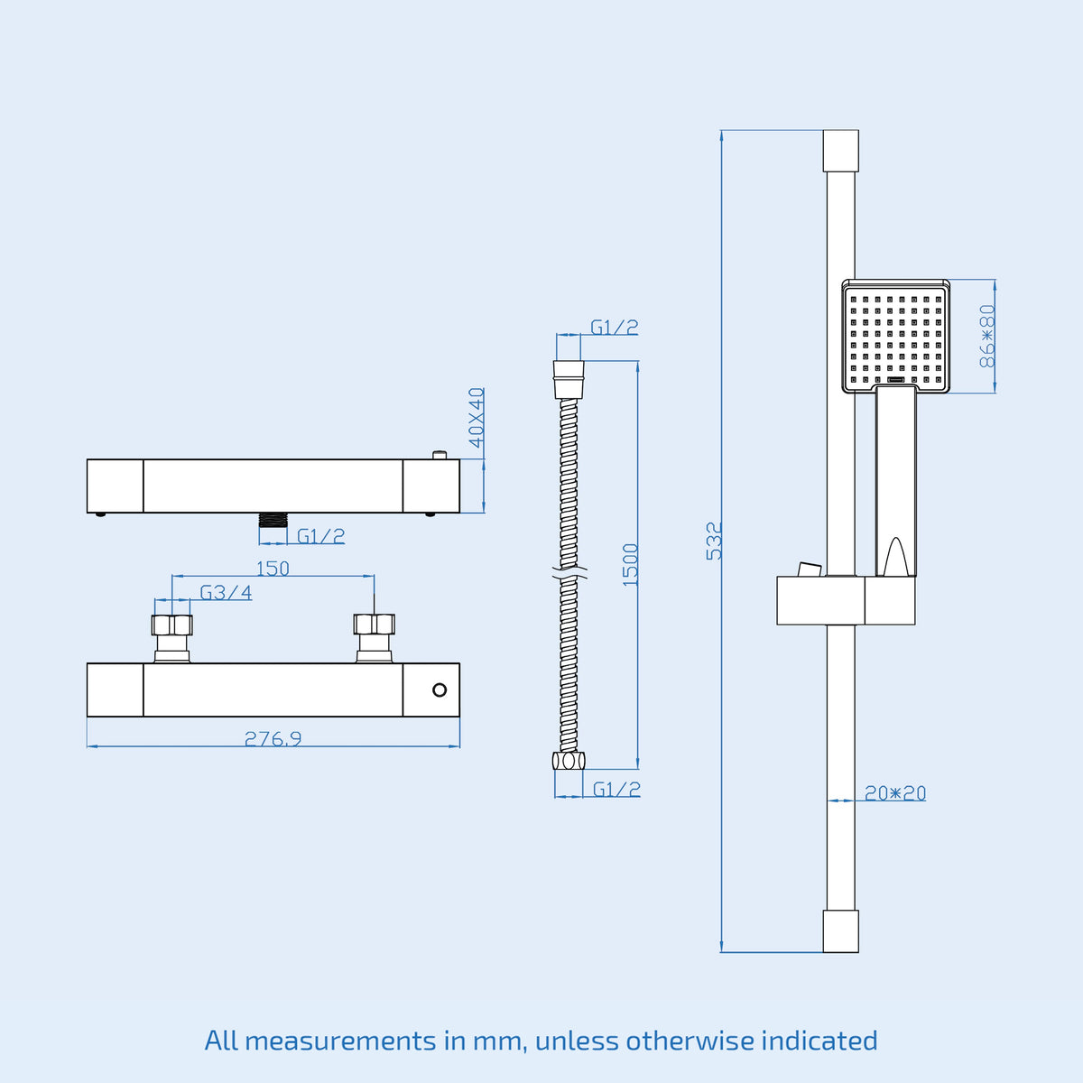 Square Thermostatic Mixer With Slider Rail & Handset Brushed Brass