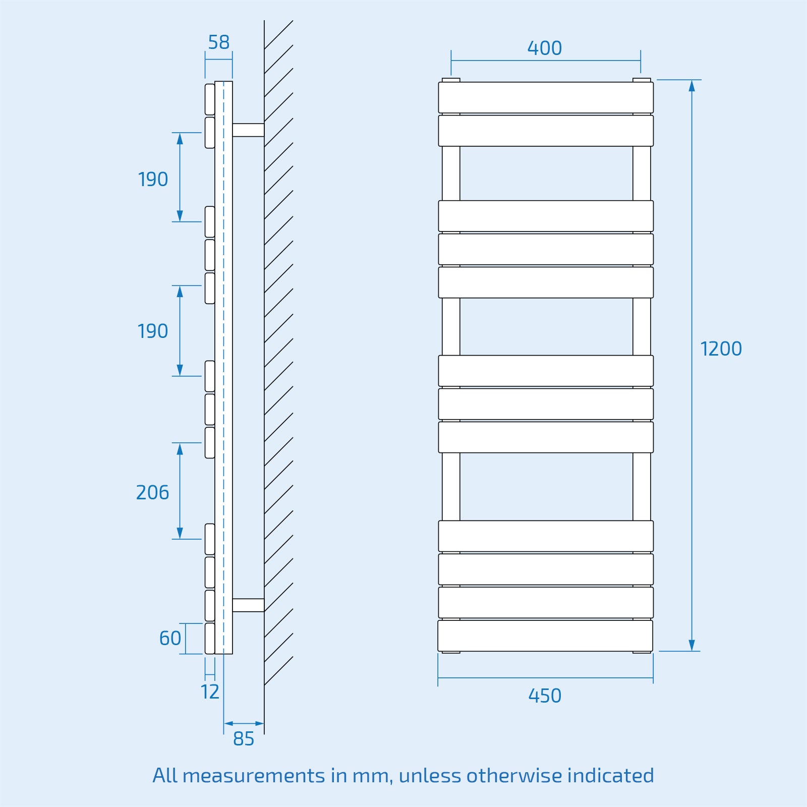 Black 1200 x 450mm Flat Panel Heated Towel Rail Radiator