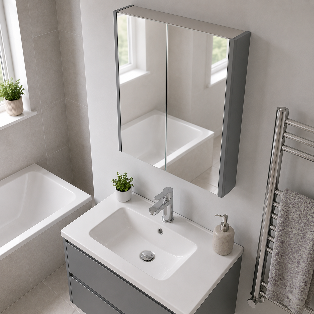Kartell Modern Options-24 500mm W x 600mm H Cool Grey Wall Mounted 2 Door Mirror Cabinet - OPT500MIR-CG