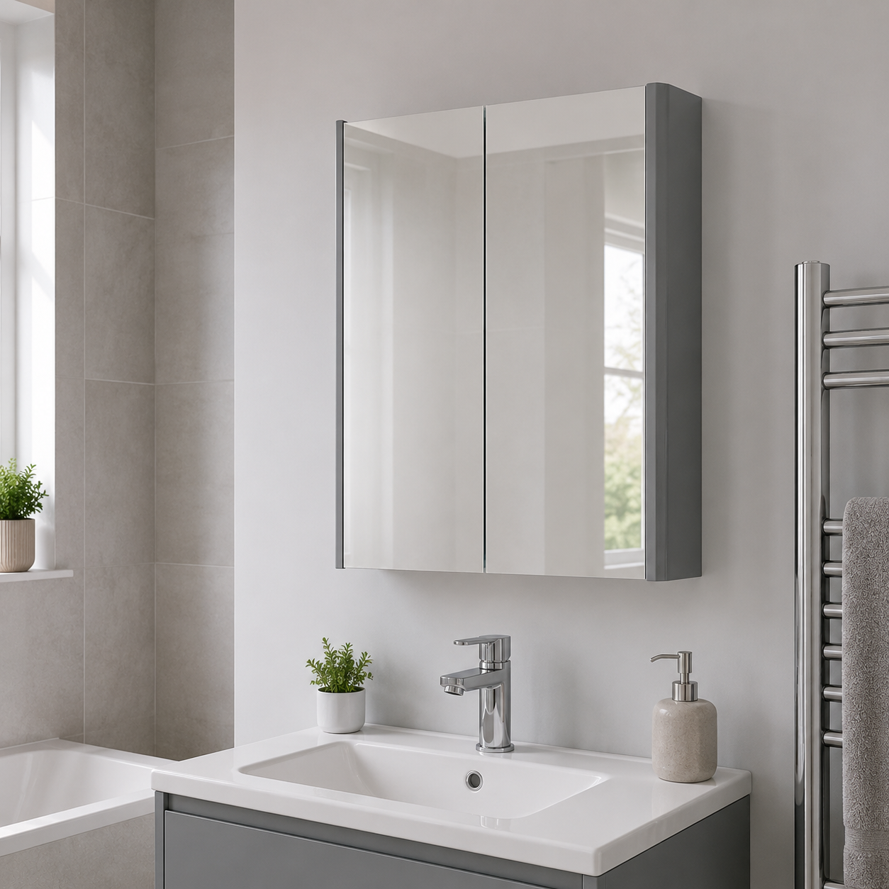 Kartell Modern Options-24 500mm W x 600mm H Cool Grey Wall Mounted 2 Door Mirror Cabinet - OPT500MIR-CG