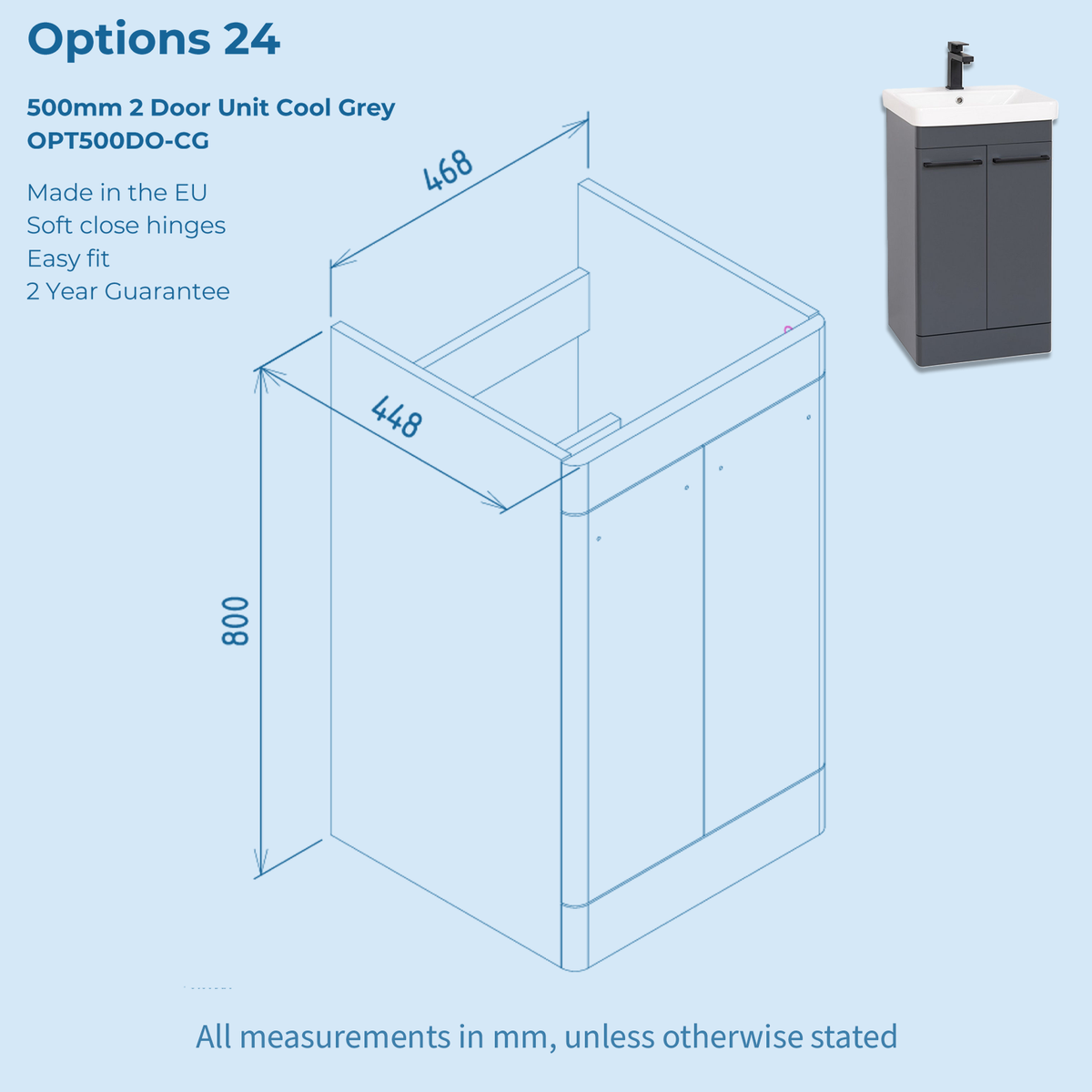 Kartell Options 24 500mm Cool Grey 2 Door Vanity Unit & 500mm Rectangular Floorstanding Basin with handles
