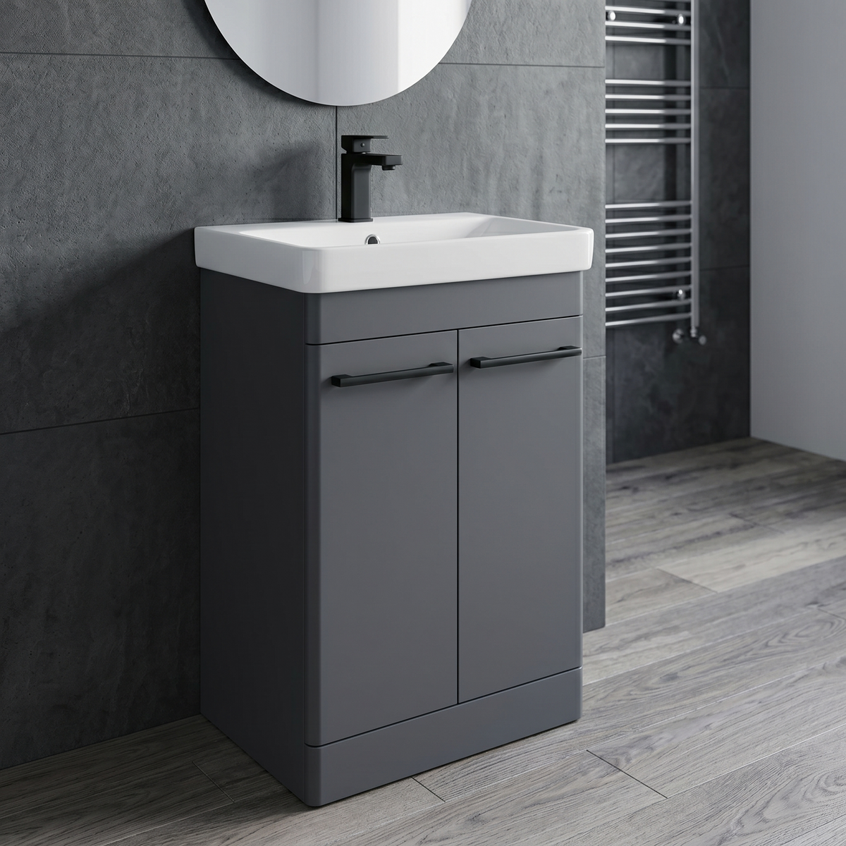 Kartell Options 24 600mm Cool Grey 2 Door Vanity Unit & 600mm Rectangular Floorstanding Basin with handles