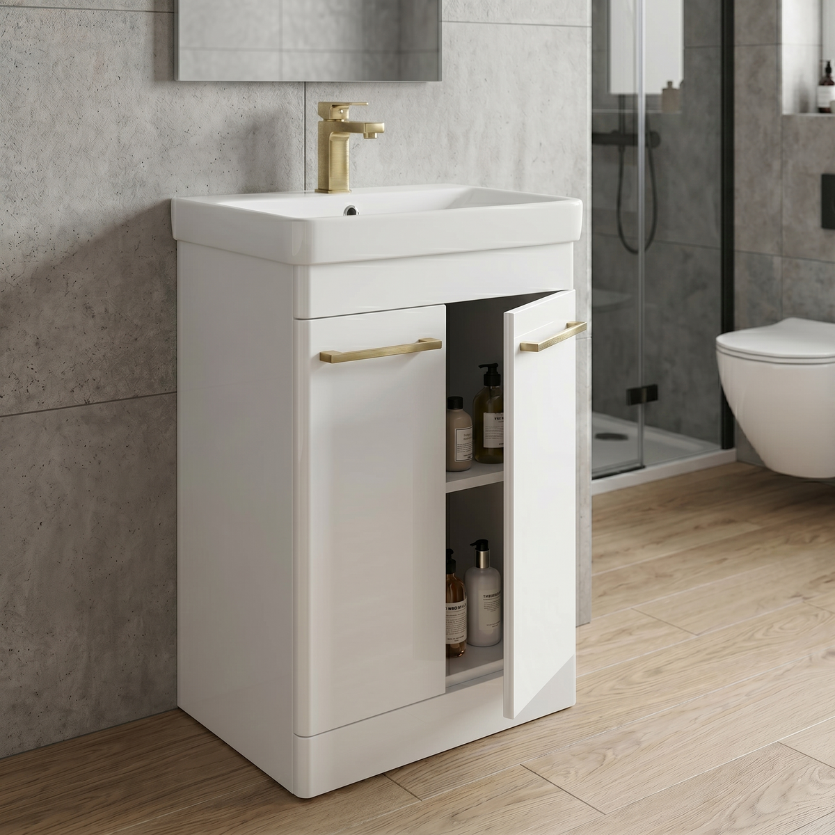 Kartell Options 24 600mm White 2 Door Vanity Unit & 600mm Rectangular Floorstanding Basin with handles
