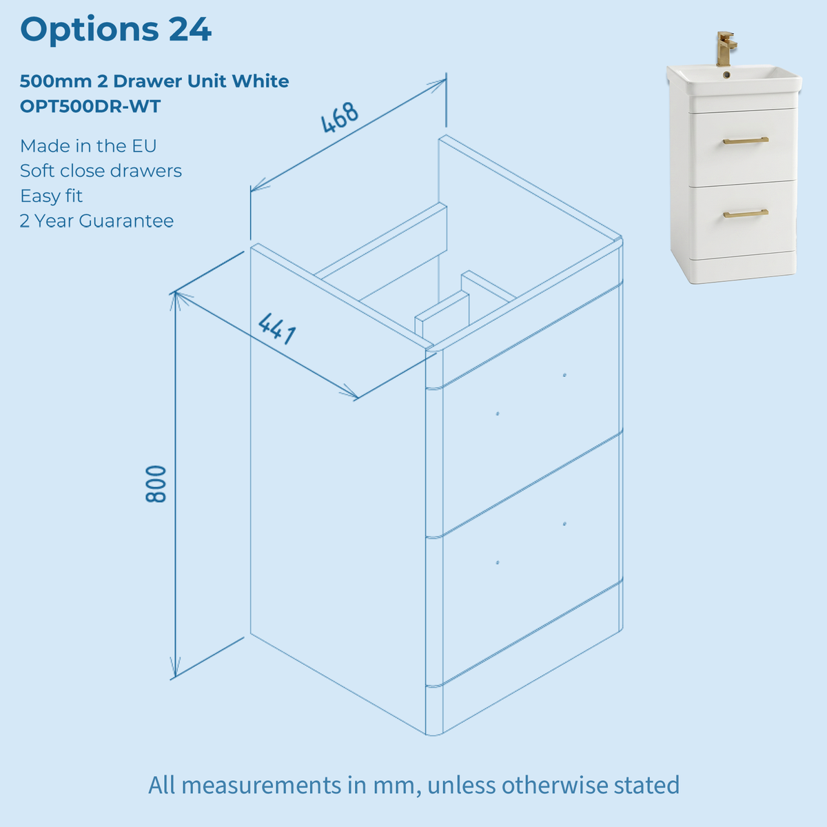 Kartell Options 24 500mm White 2 Drawer Vanity Unit & 500mm Rectangular Floorstanding Basin with handles